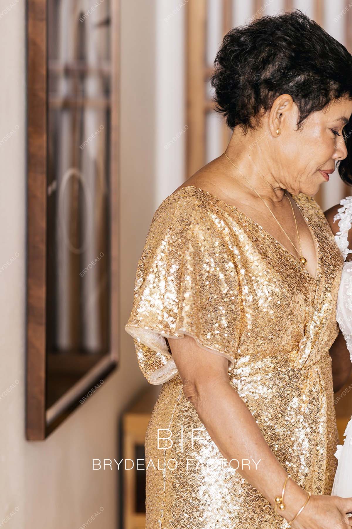 short sleeves gold sequin mother of the groom gown