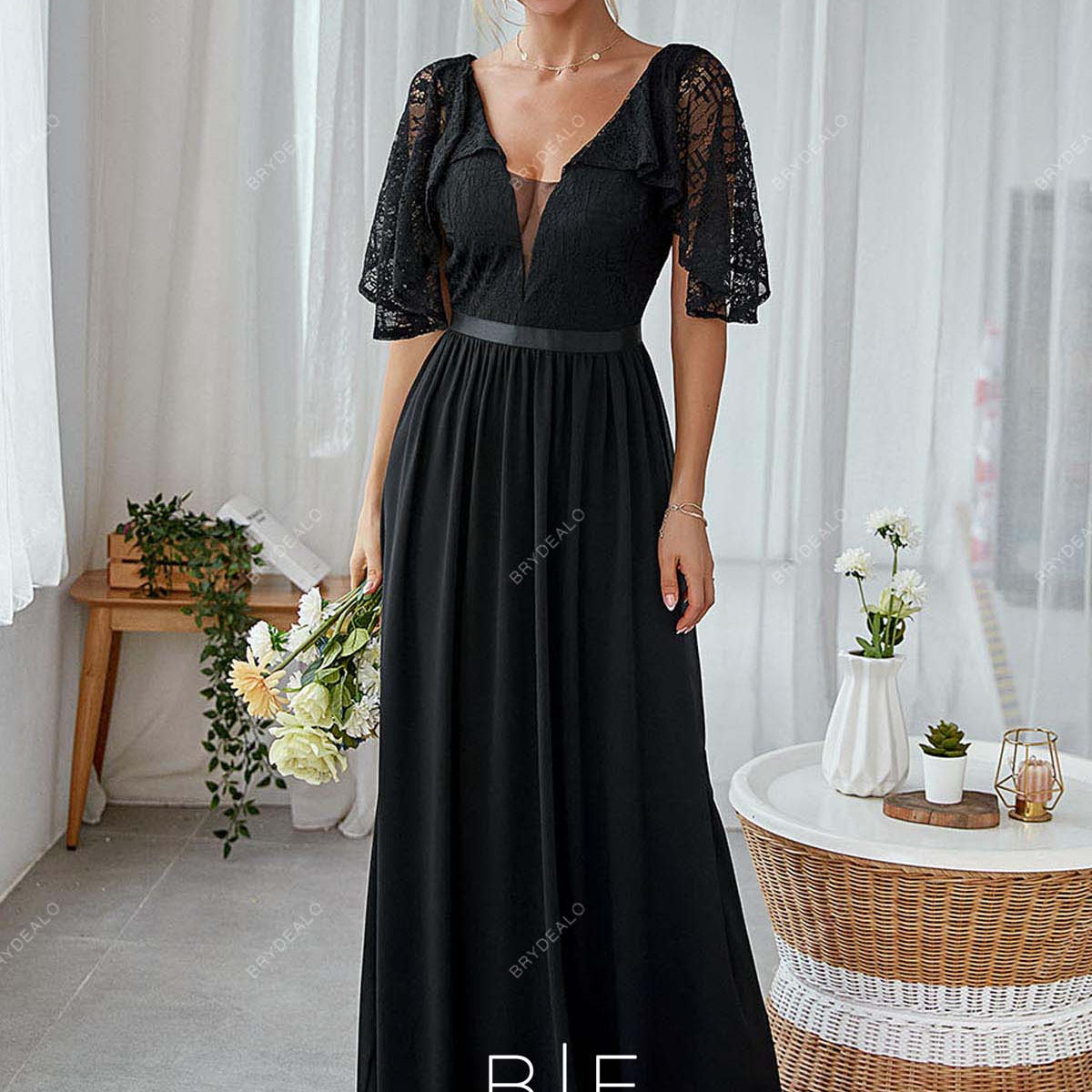 Black Lace Chiffon A-Line Long Elegant Evening Bridesmaid Dress Black Lace Chiffon A-Line Long Elegant Evening Bridesmaid Dress