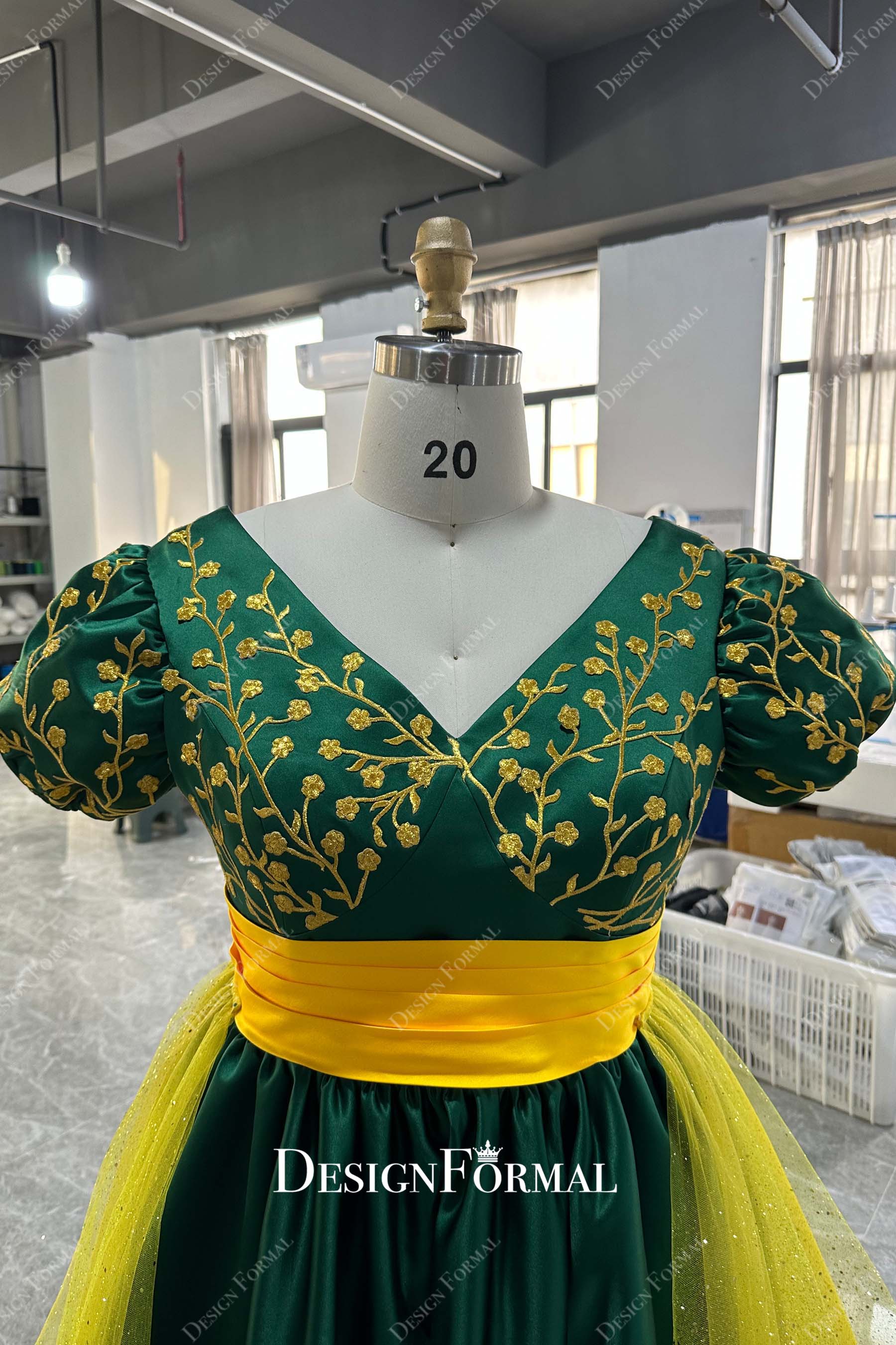 V-neck green satin dress