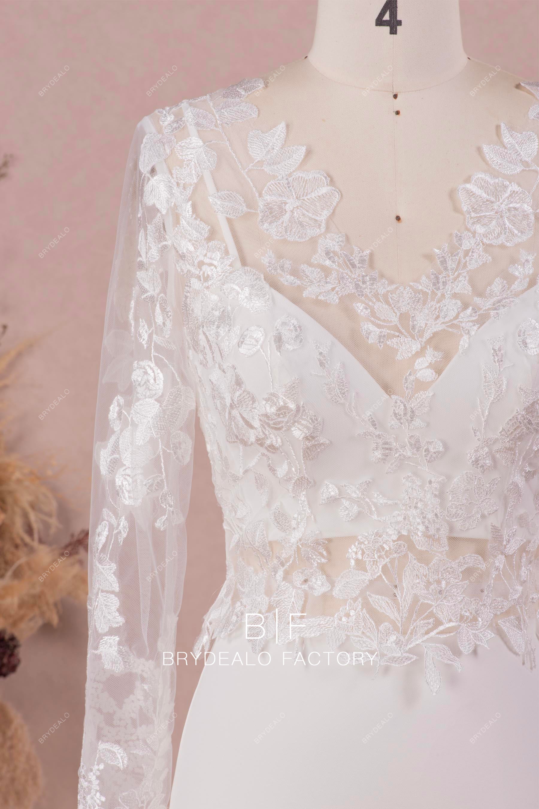 V-neck lace sheer long sleeves wedding gown