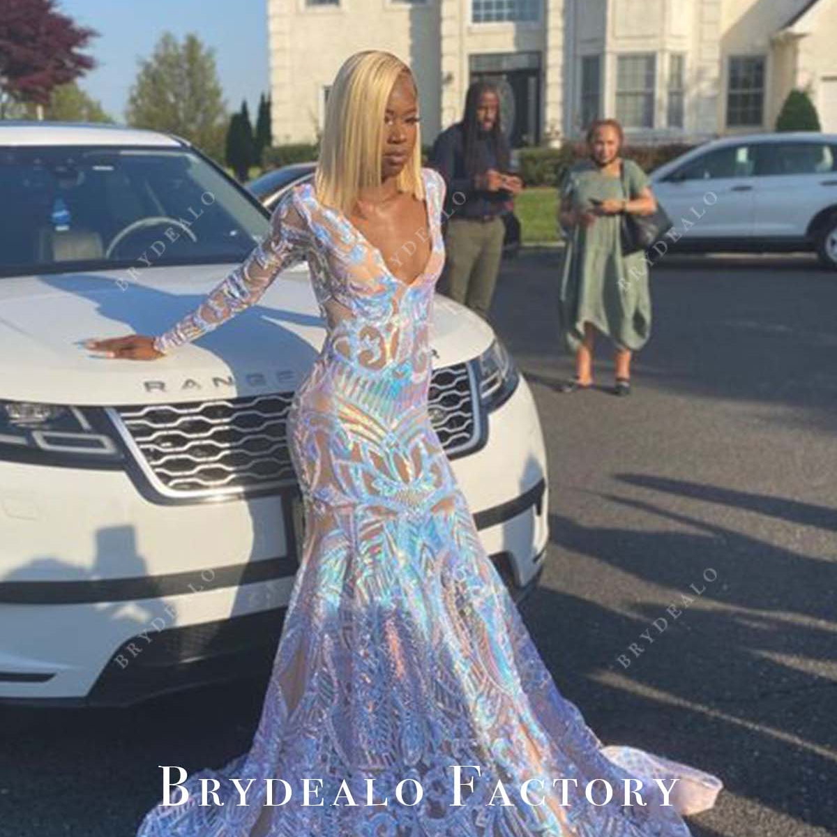 Plunging Neck Iridescent Sequin Long Train Mermaid Prom Dress