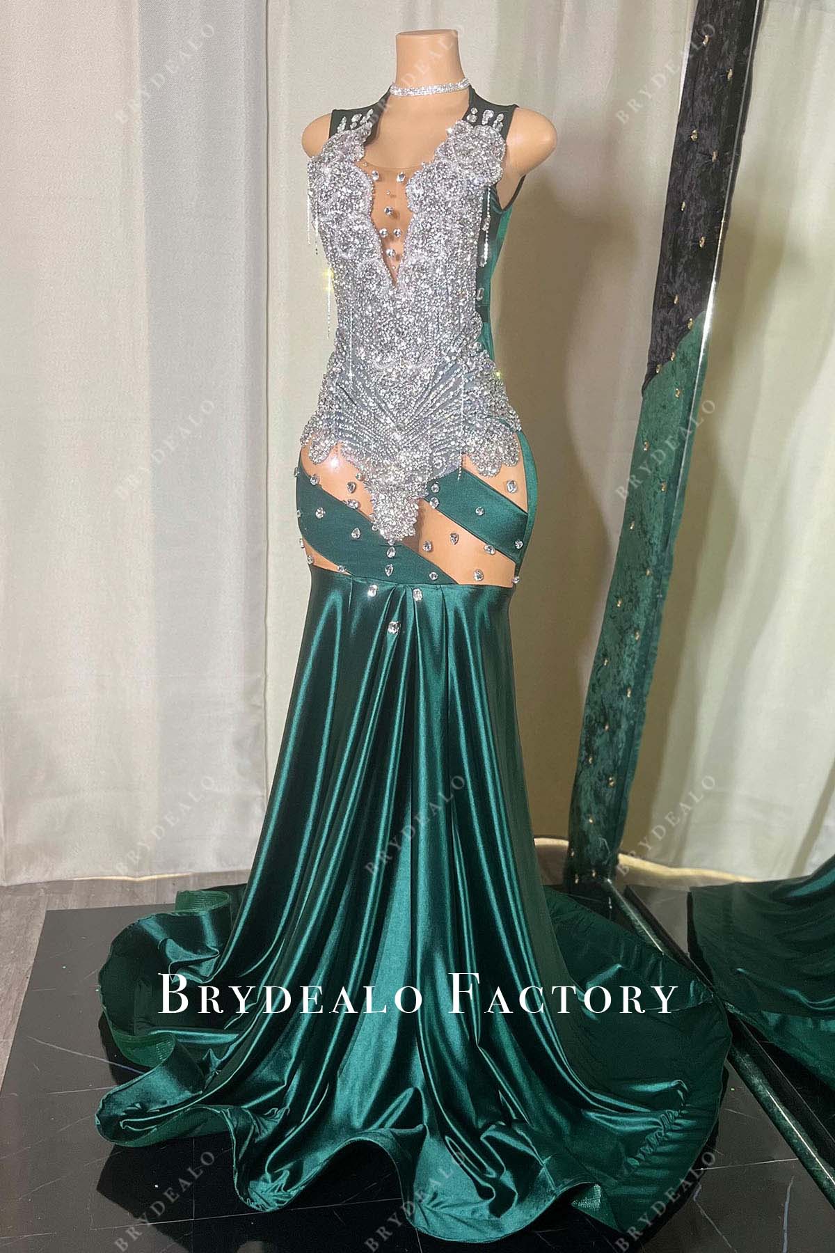Rhinestones Fringe Emerald Green Satin Mermaid Prom Dress