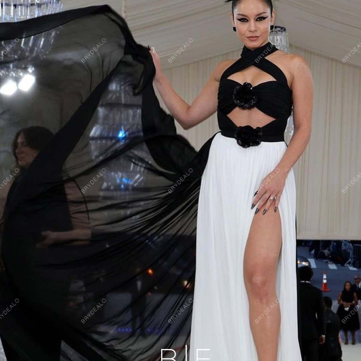 vanessa hudgens bridesmaid dresses Vanessa Hudgens 2023 Met Gala White Black Slit Chiffon Slit Dress