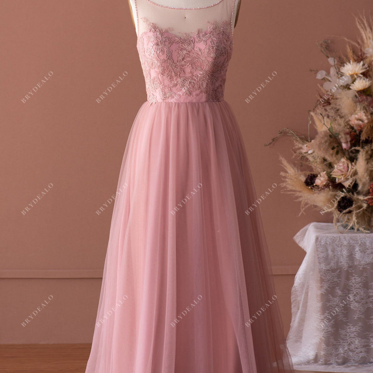 In Stock Vintage Mauve Lace Tulle Bridesmaid Dress