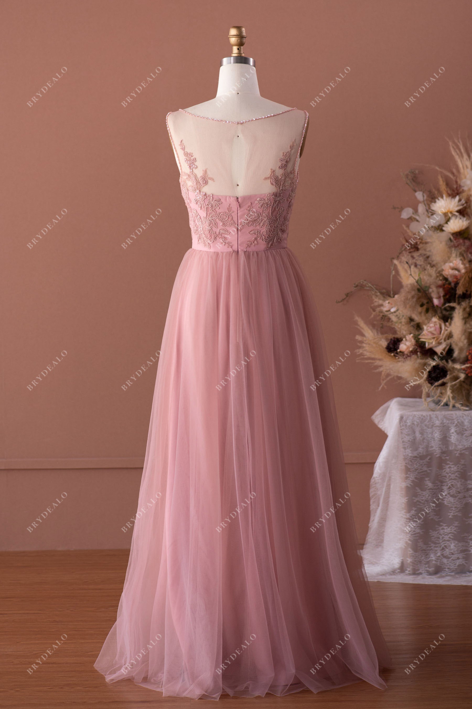 Mauve Keyhole Illusion Back Beaded Lace Bridesmaid Dress