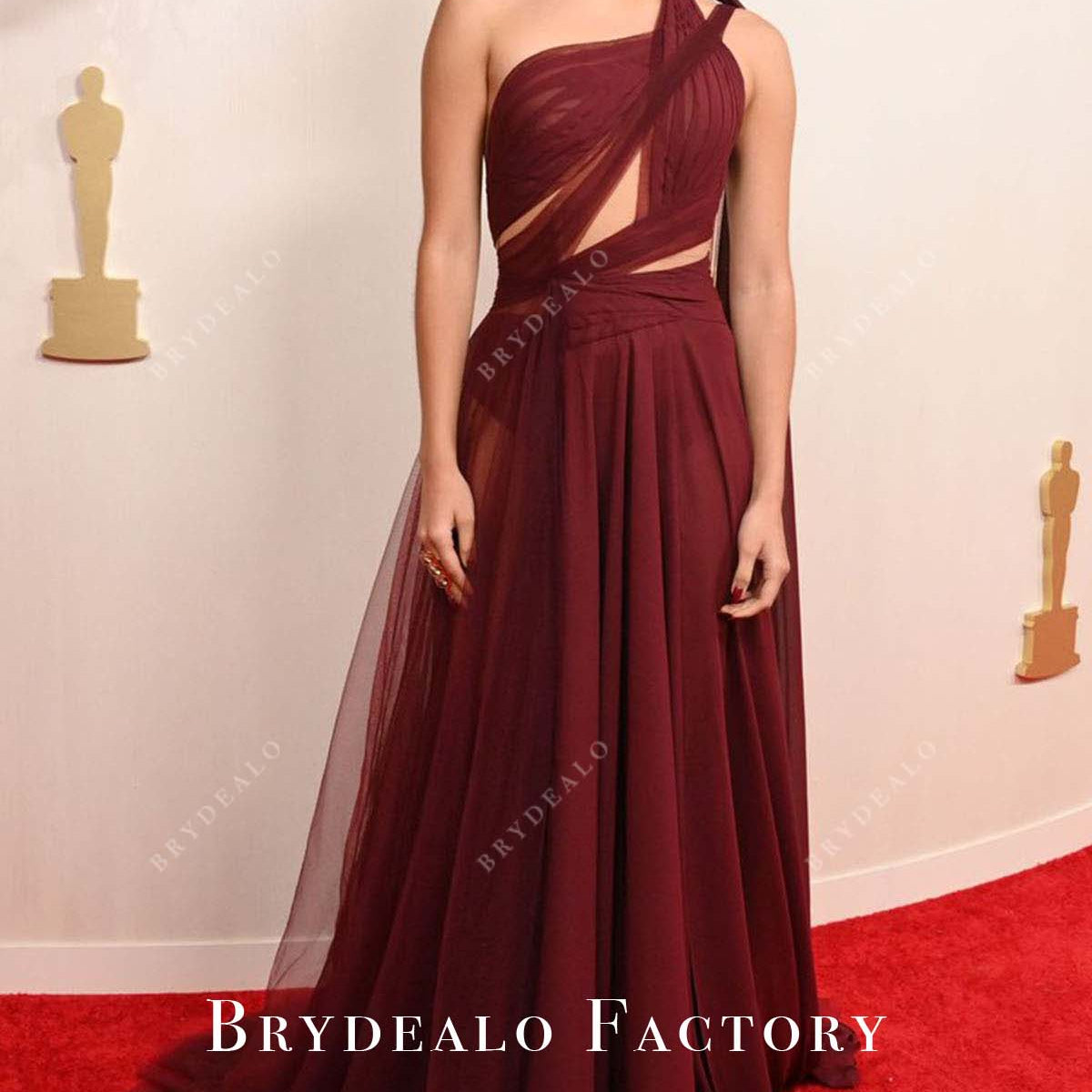Xochitl Gomez 2024 Oscars Burgundy Chiffon Red Carpet Dress