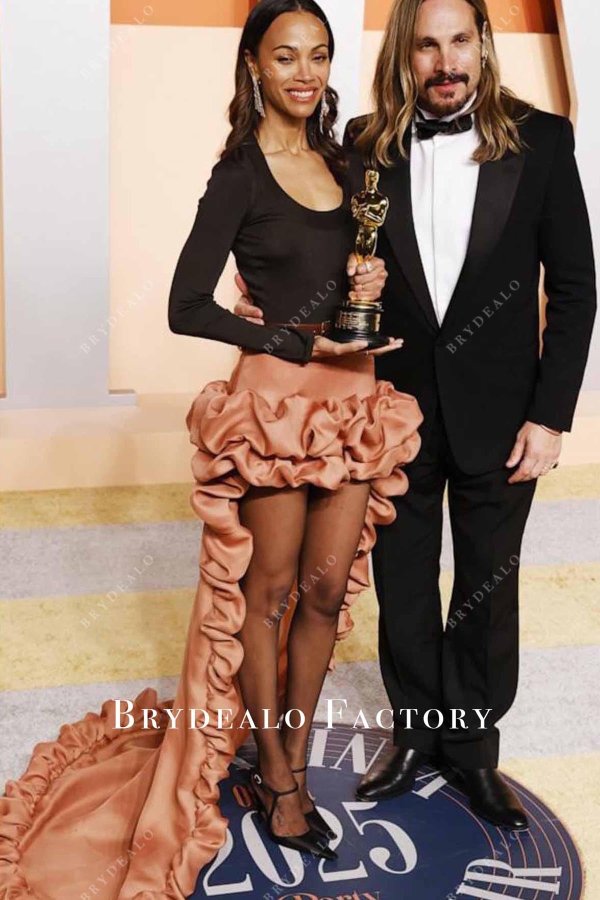 Zoe Saldaña orange 2025 high low Vanity fair party dress