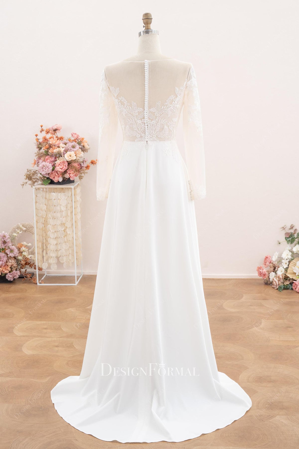 a line satin sweep train wedding dress