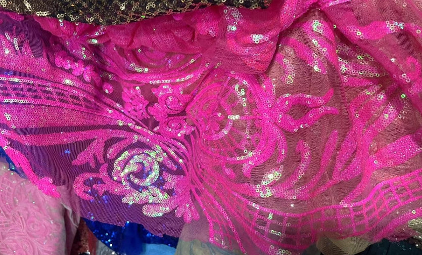 Custom Rhinestones Halter Neck Fuchsia Sequin Mermaid Feather Prom Dress