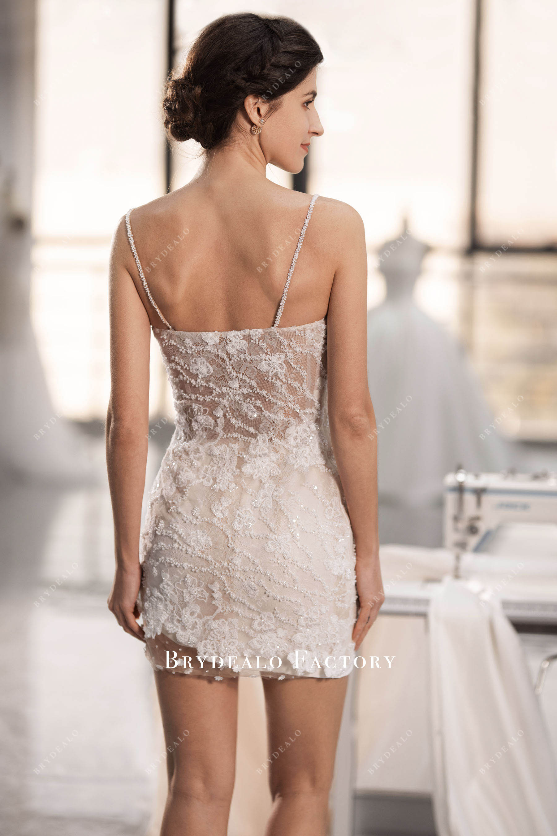 Open Back Lace Champagne Short Bridal Dress