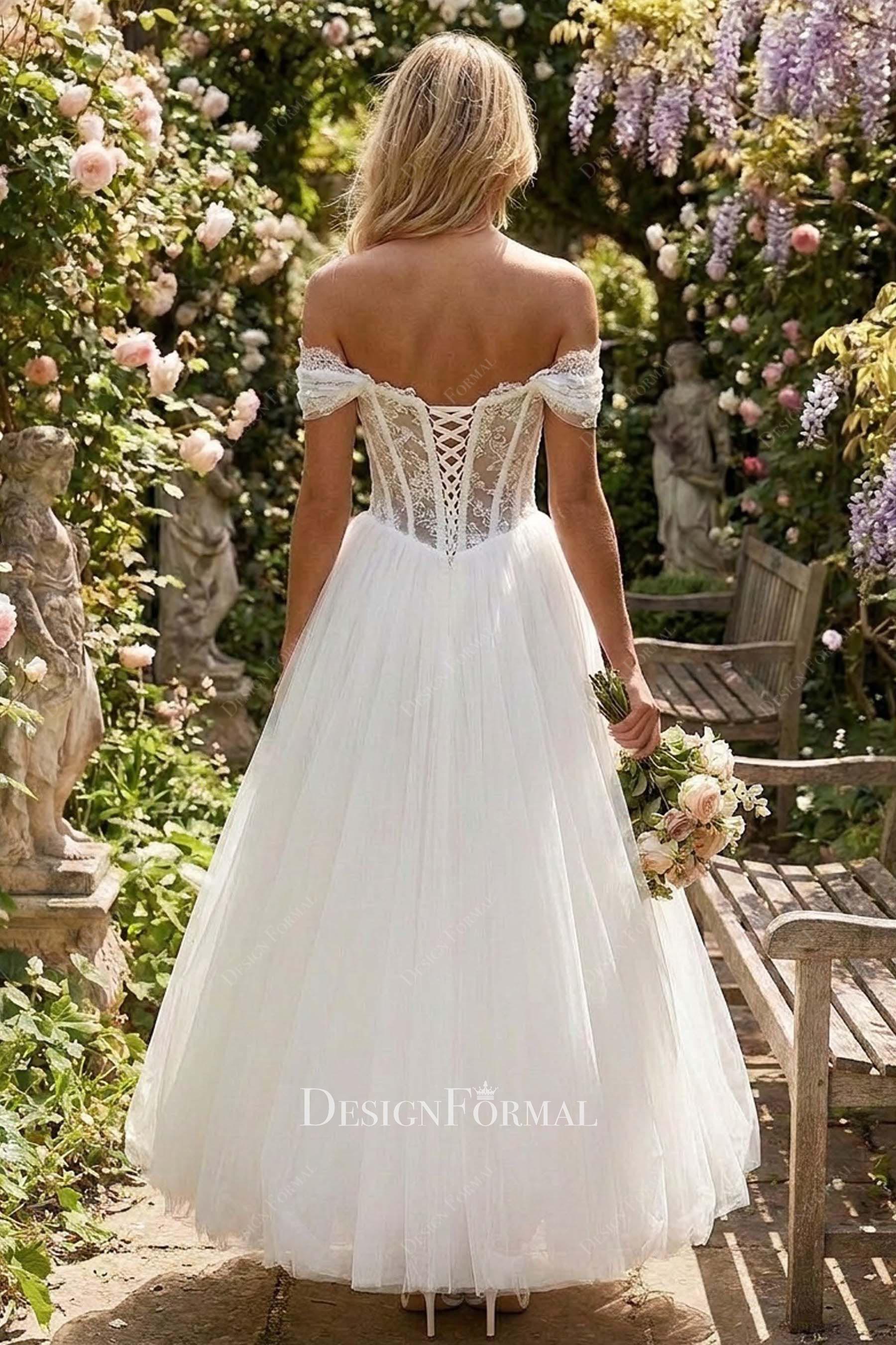 ankle length lace tulle wedding dress