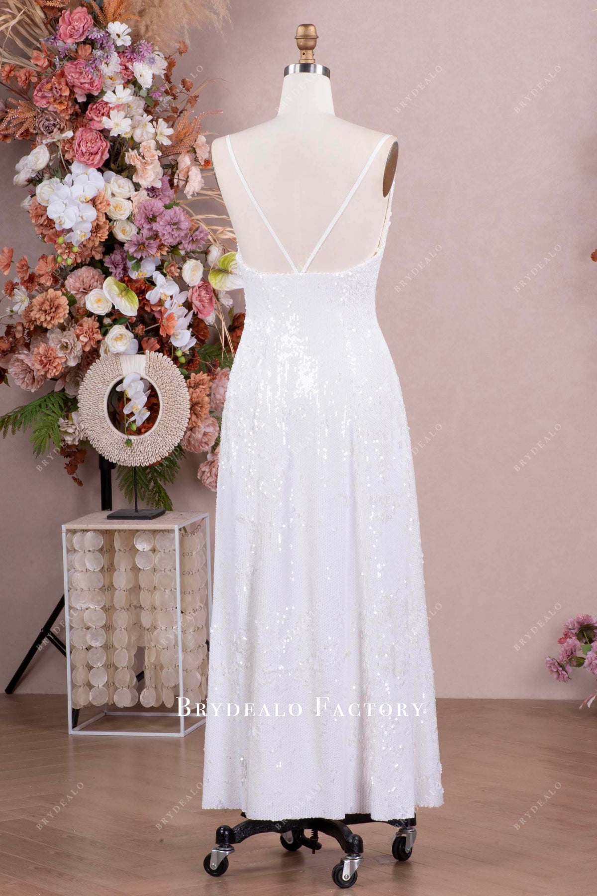 White Sequin Ankle Length Wedding After Party Dress