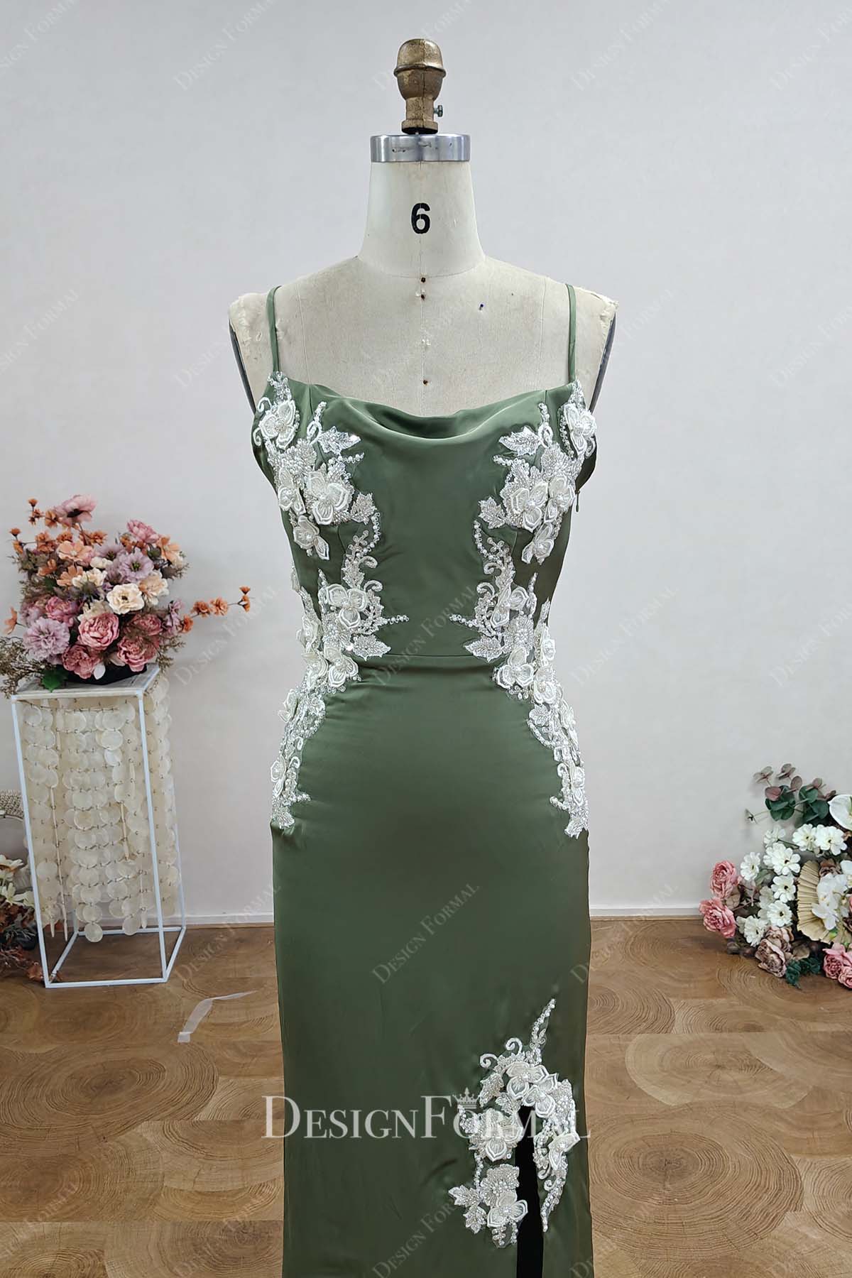 Custom Army Green Satin Lace Appliqué Mother of Groom Dress