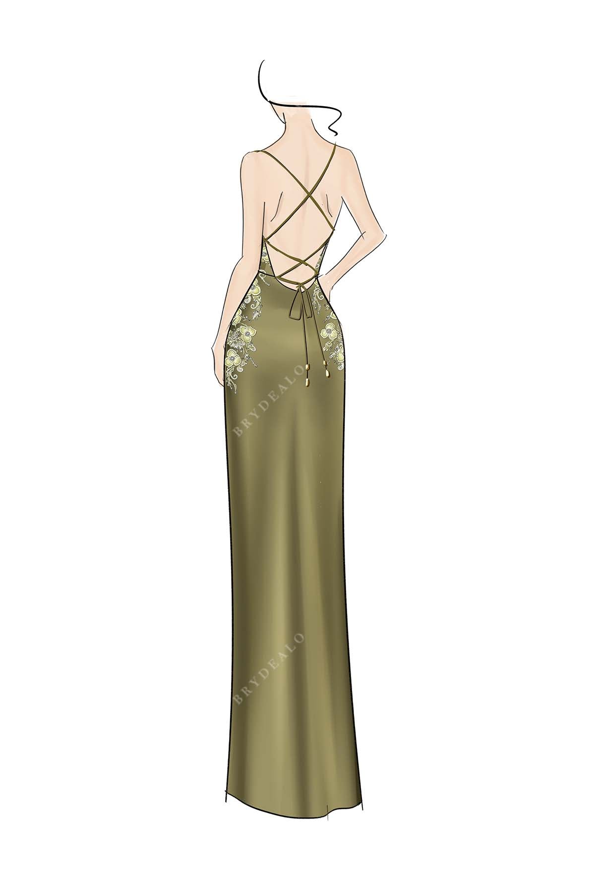 army green satin crisscross back formal dress