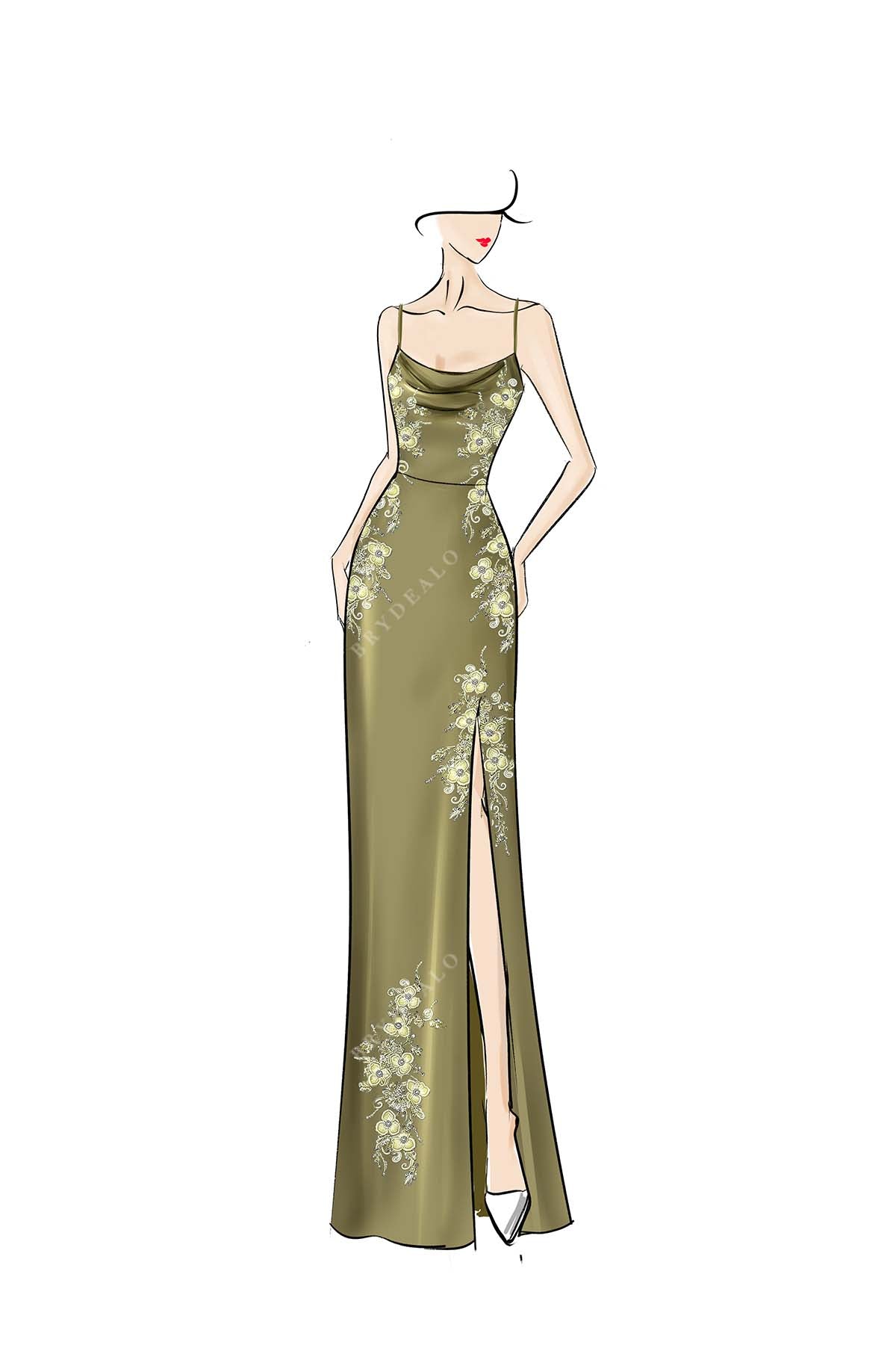 army green split column formal dress 