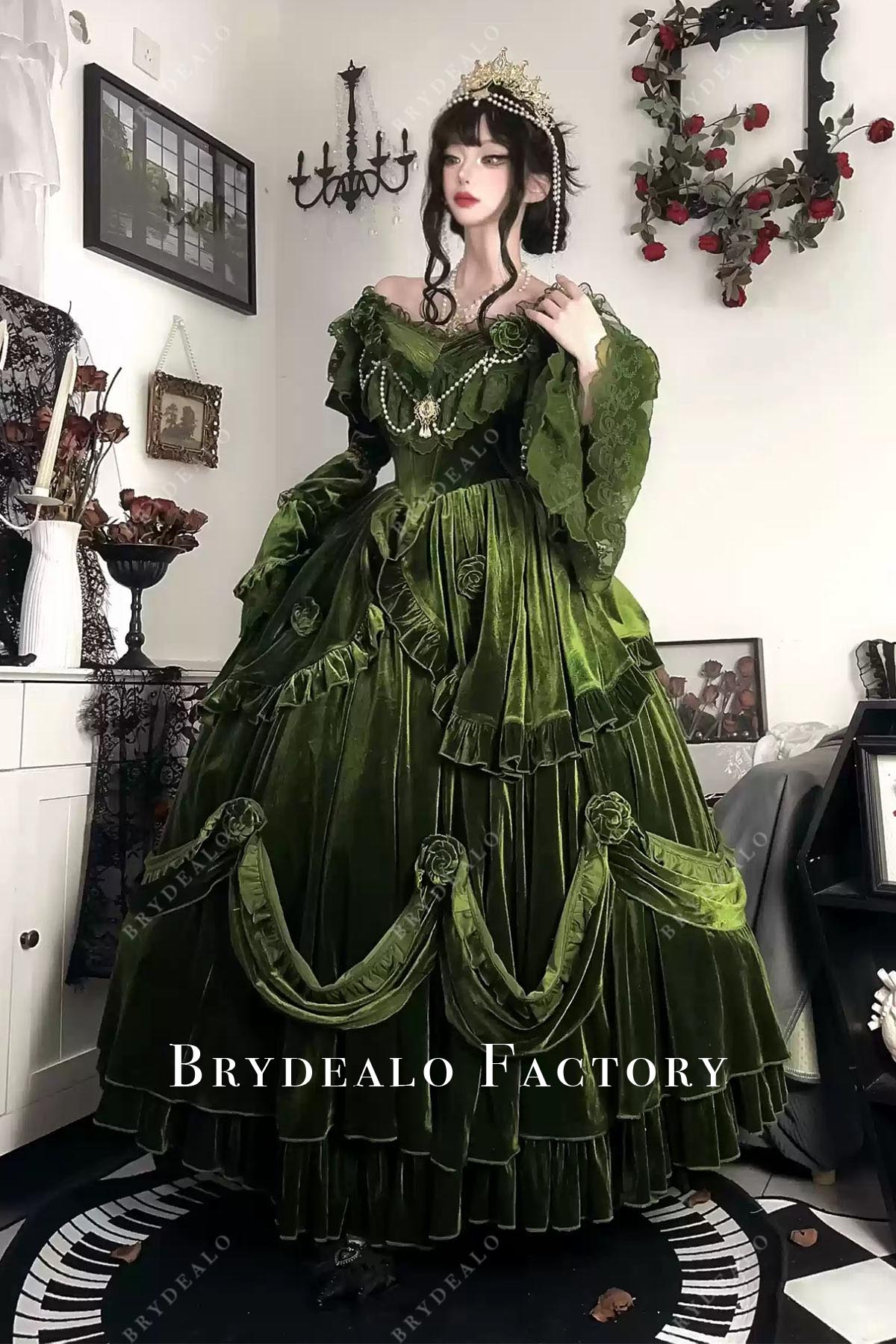 army green velvet puffy lolita dress
