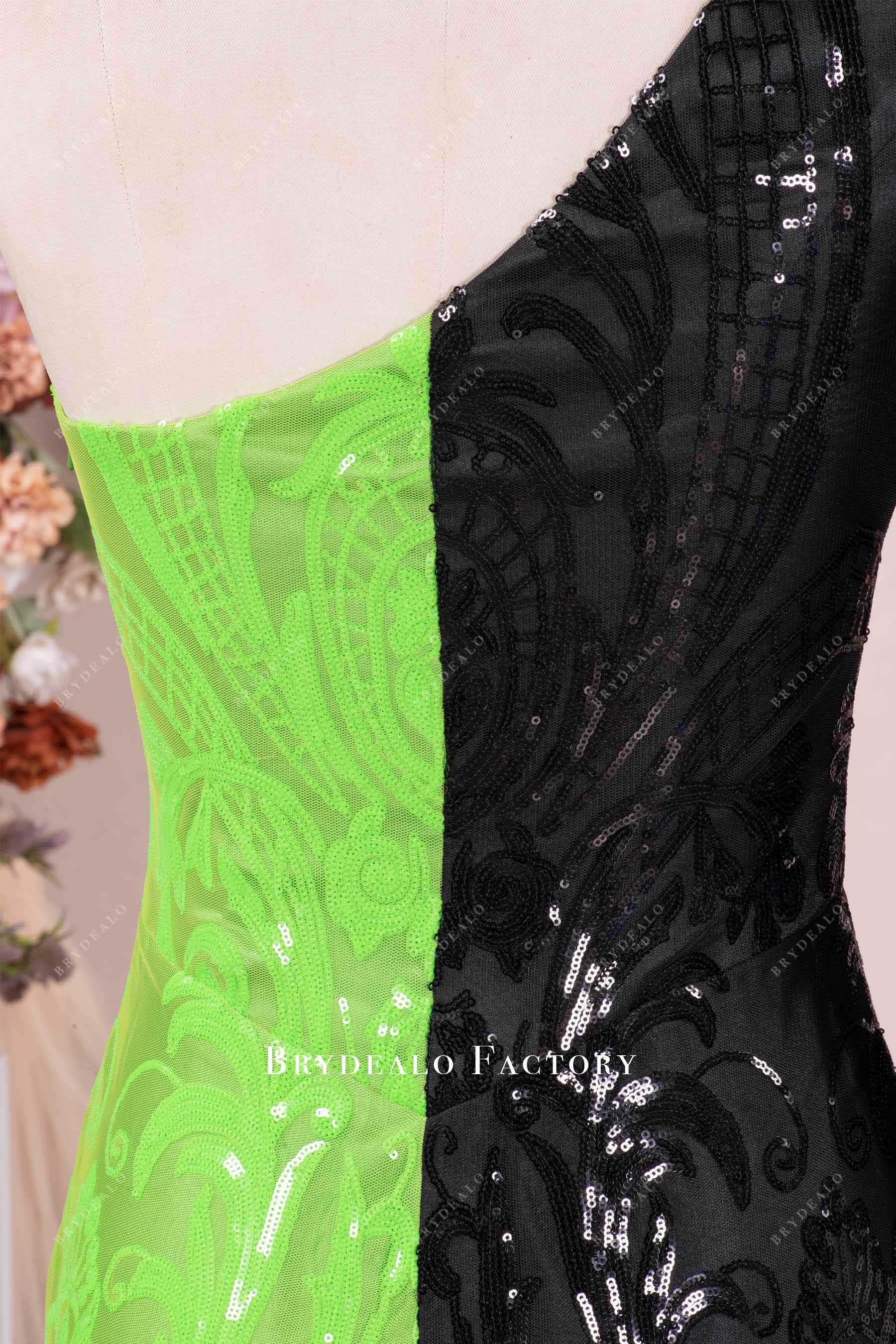 asymmetric unique sequin split color  prom gown