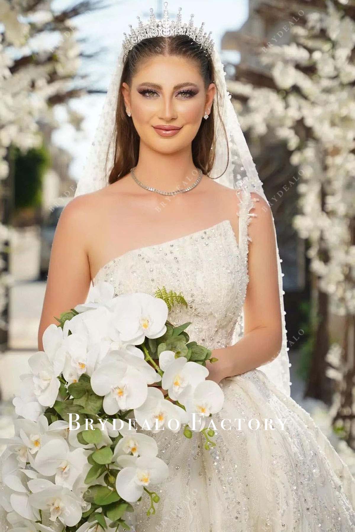 asmmetric neckline wedding dress