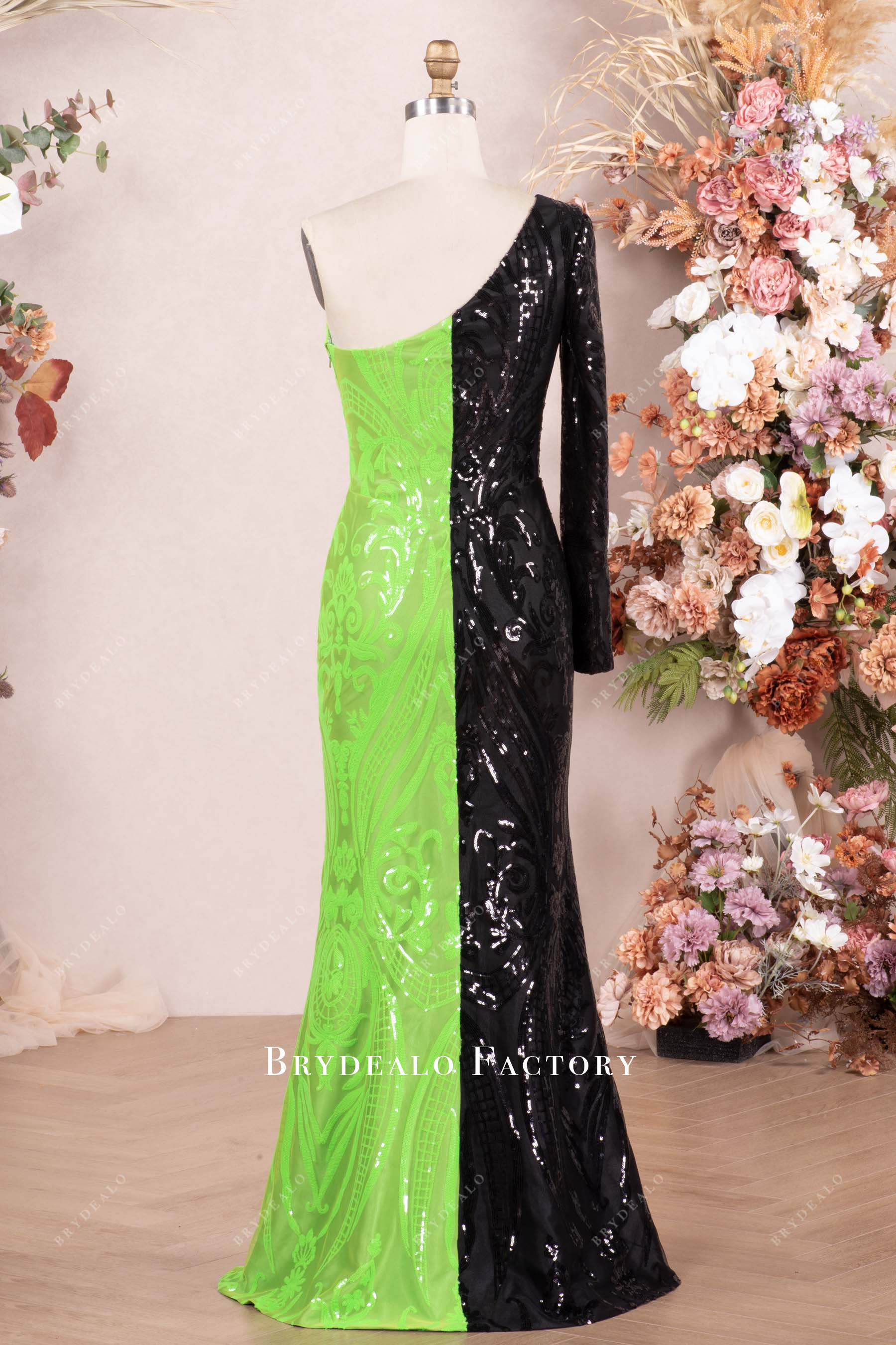 asymmetric two colors sequin floor length prom dress