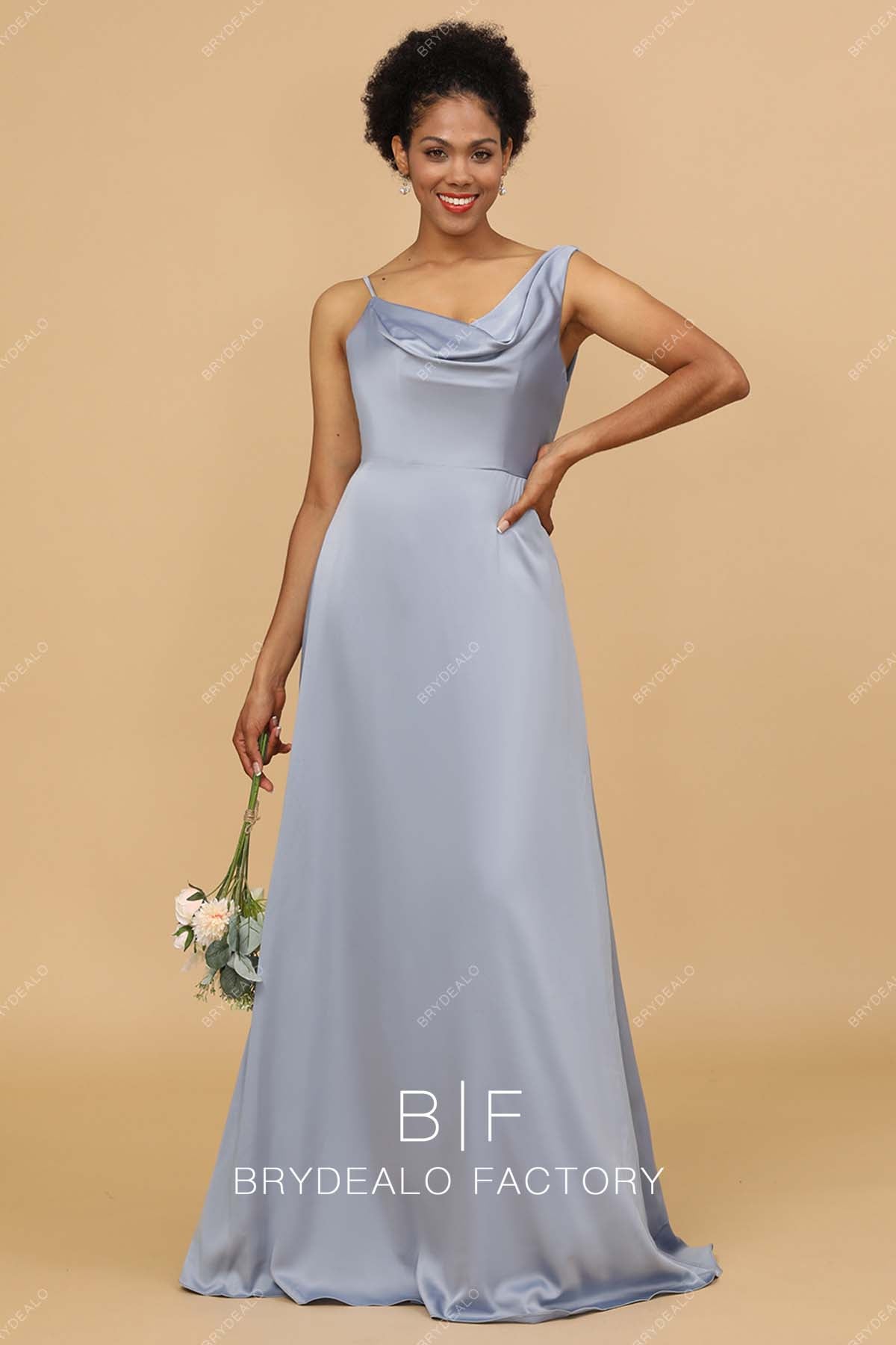 asymmetrical neck grey satin bridesmaid gown