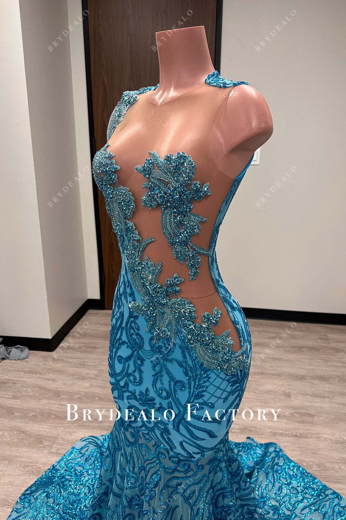 asymmetrical sleeveless illusion blue prom gown