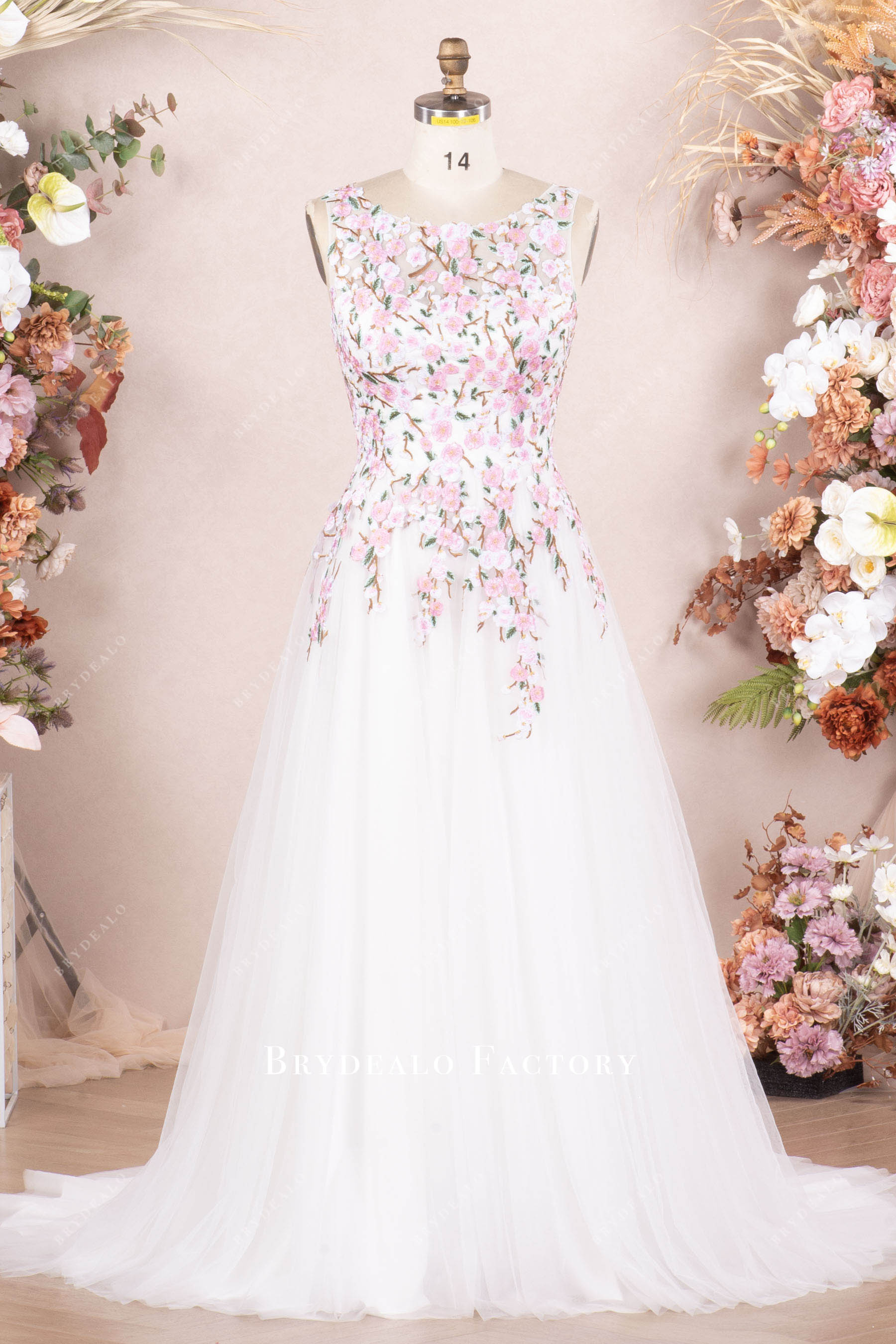 bateau neck sleeveless pink white wedding dress