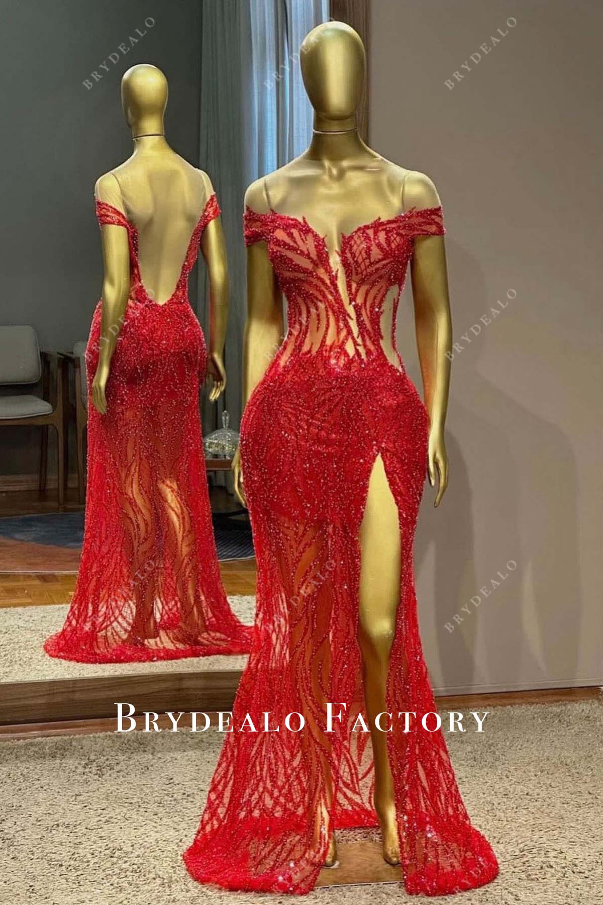 backless red sequined off shoulder prom dress