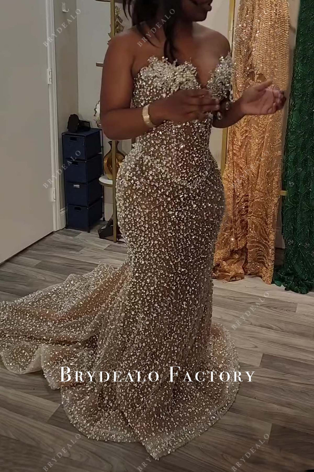 Allover Crystal Rhinestone Scattered Strapless Mermaid Prom Dress