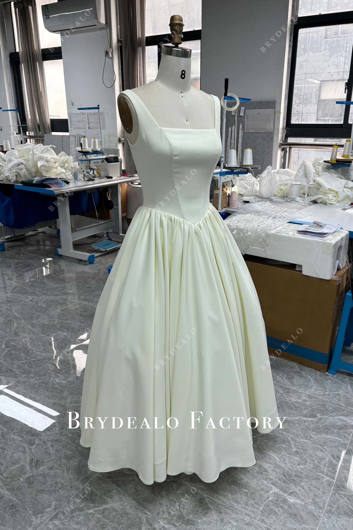 basque waist sleeveless ankle length bridal gown