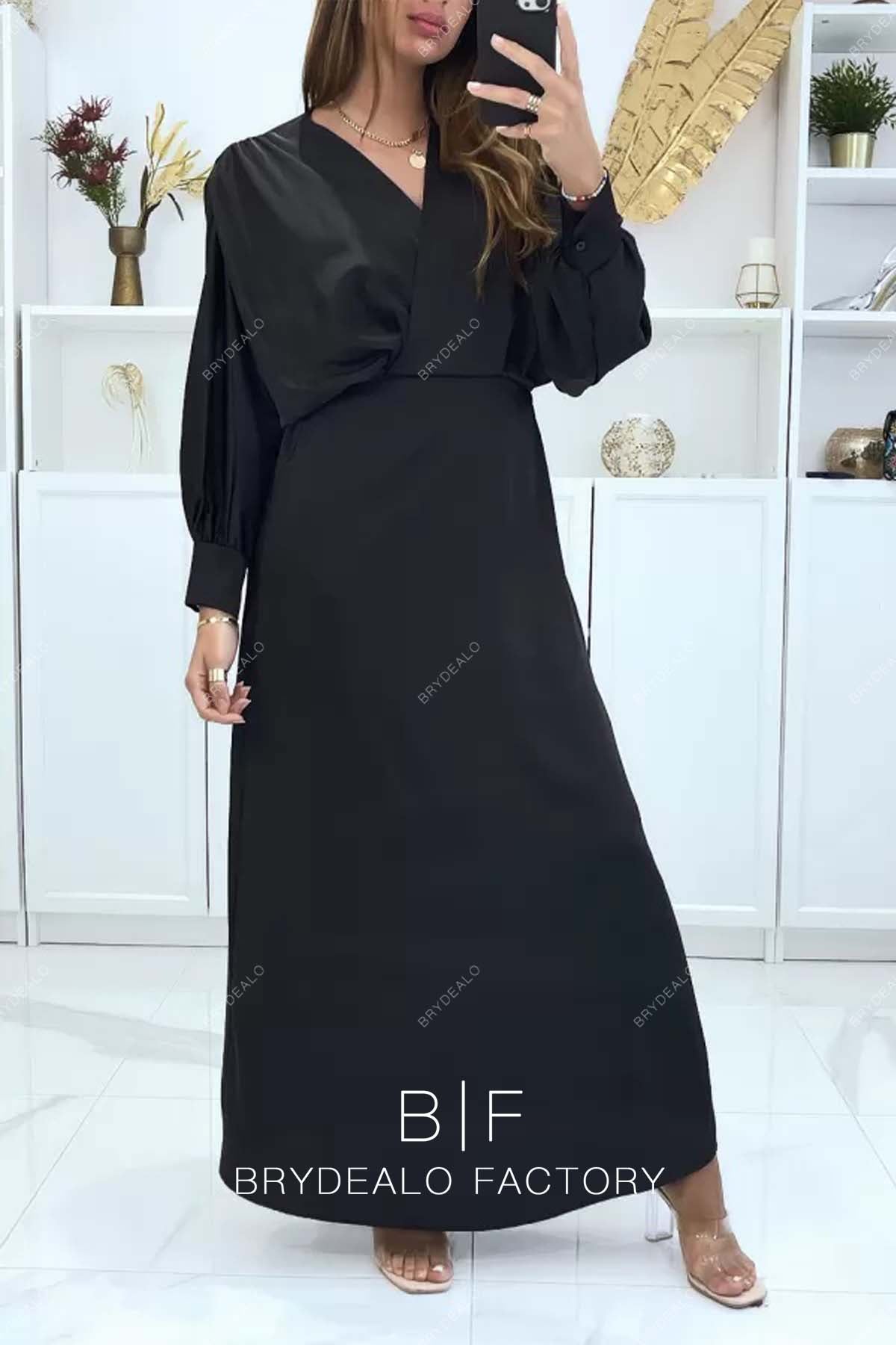 Black Batwing Sleeves Ankle Length Bridesmaid Dress