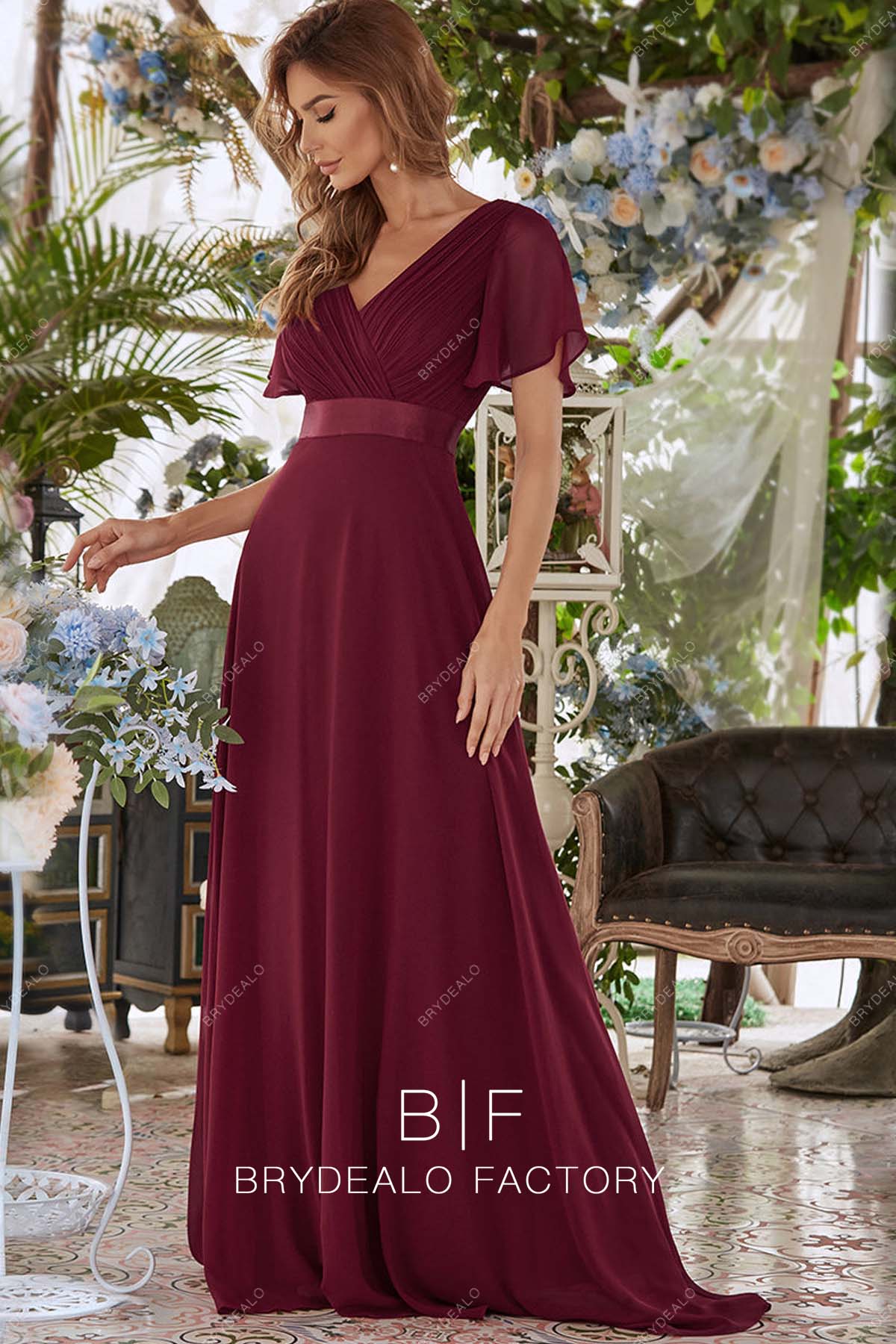 batwing sleeves burgundy bridesmaid dress