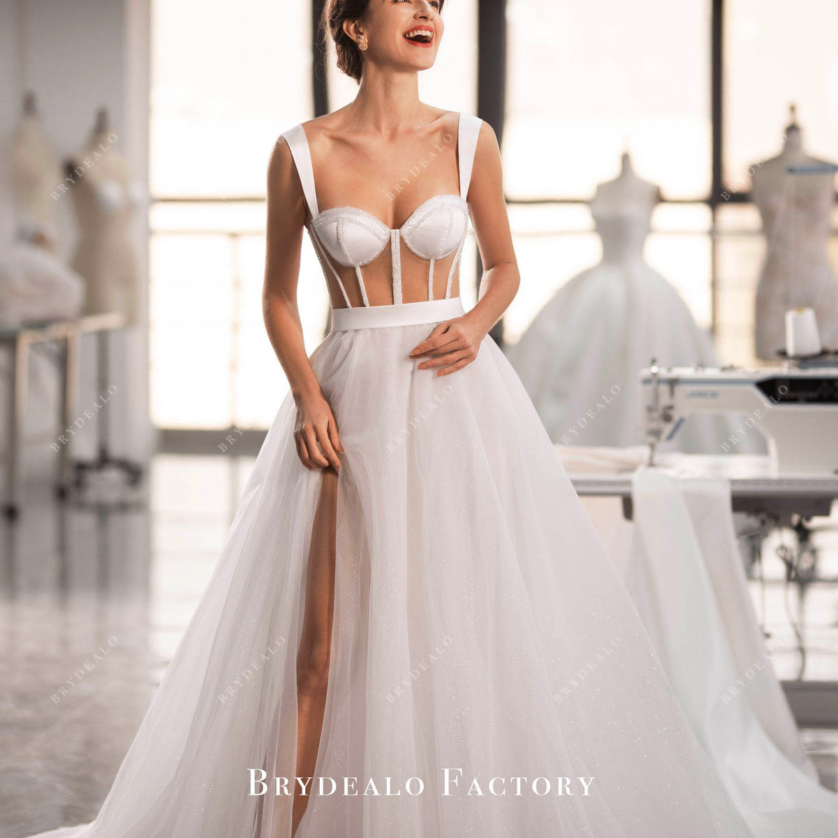 Designer Beaded Boning Illusion Corset A-Line Long Wedding Dress, image size:1200x1200