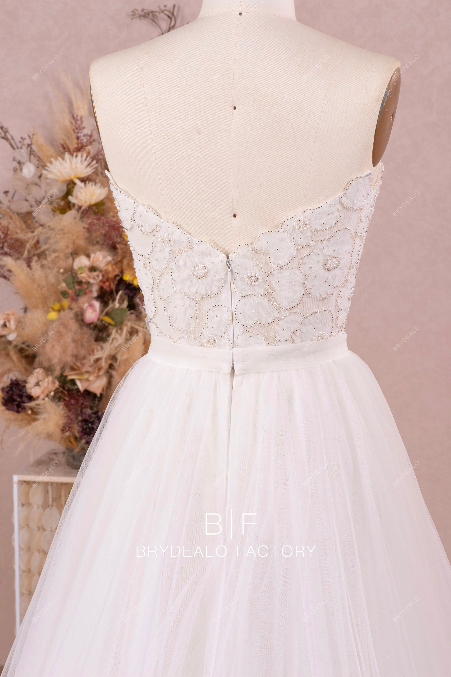 beaded flower lace open V-back wedding dress