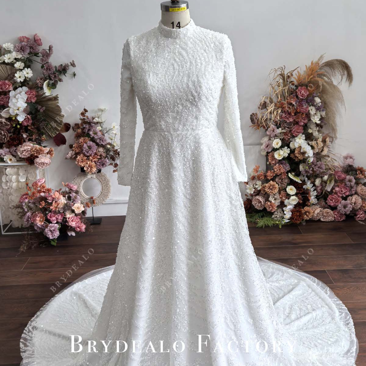 Beaded High Neck Long Sleeve Custom A-line Muslim Wedding Dress Beaded High Neck Long Sleeve Custom A-line Muslim Wedding Dress
