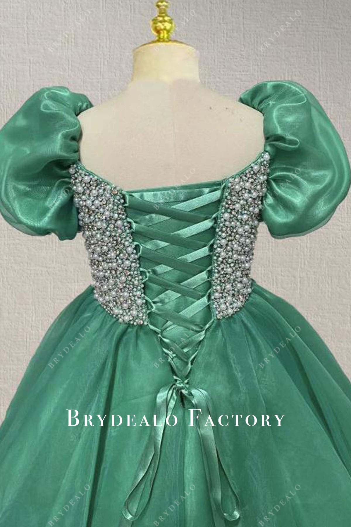 beaded jungle green lace up back pageant dress