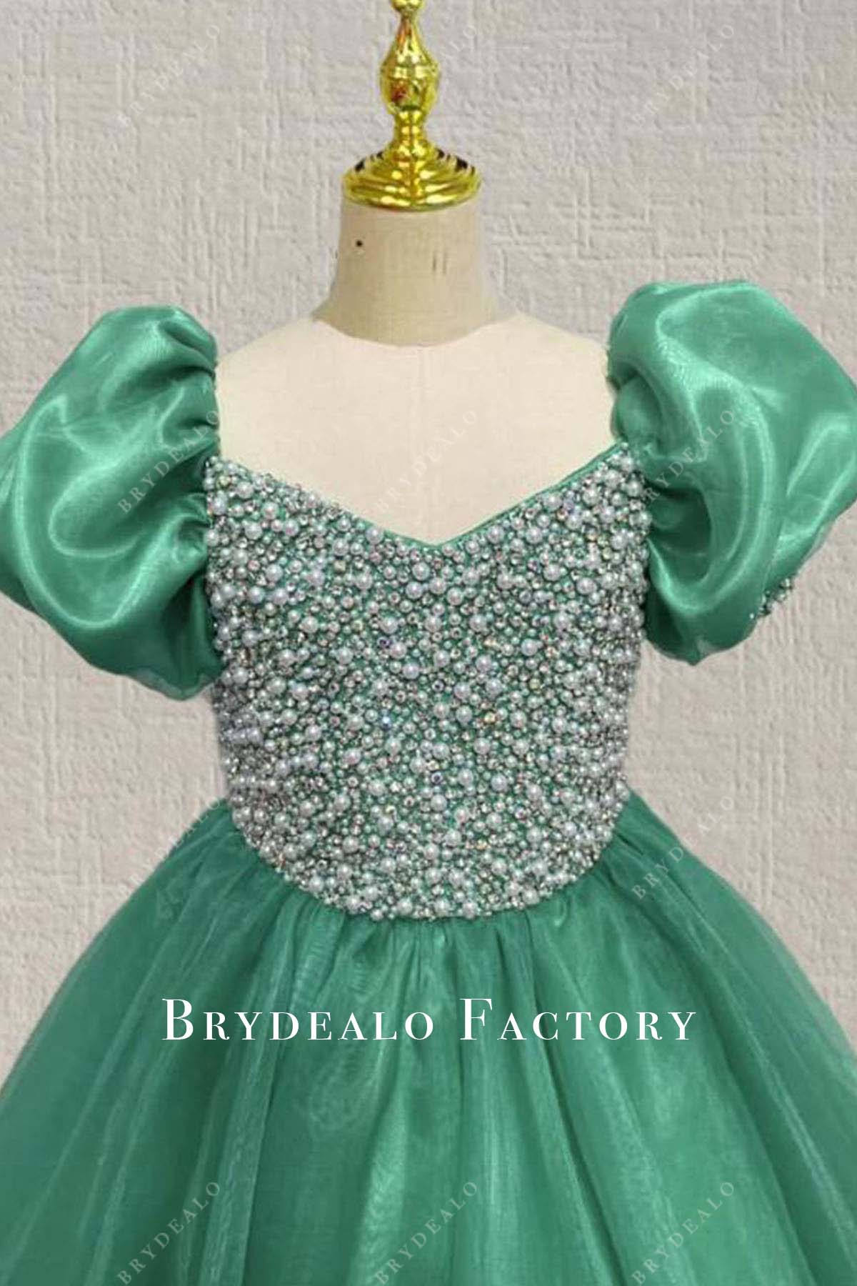 beaded jungle green puffy sleeves pageant dress