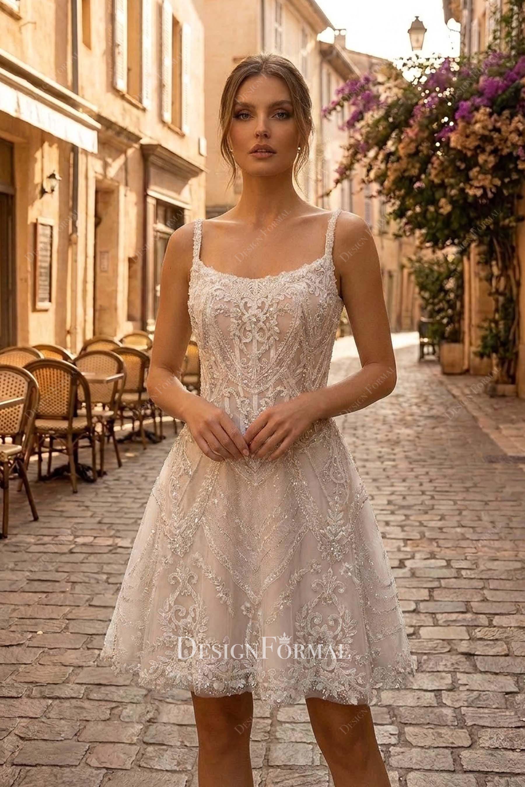 beaded lace a line short bridal dress
