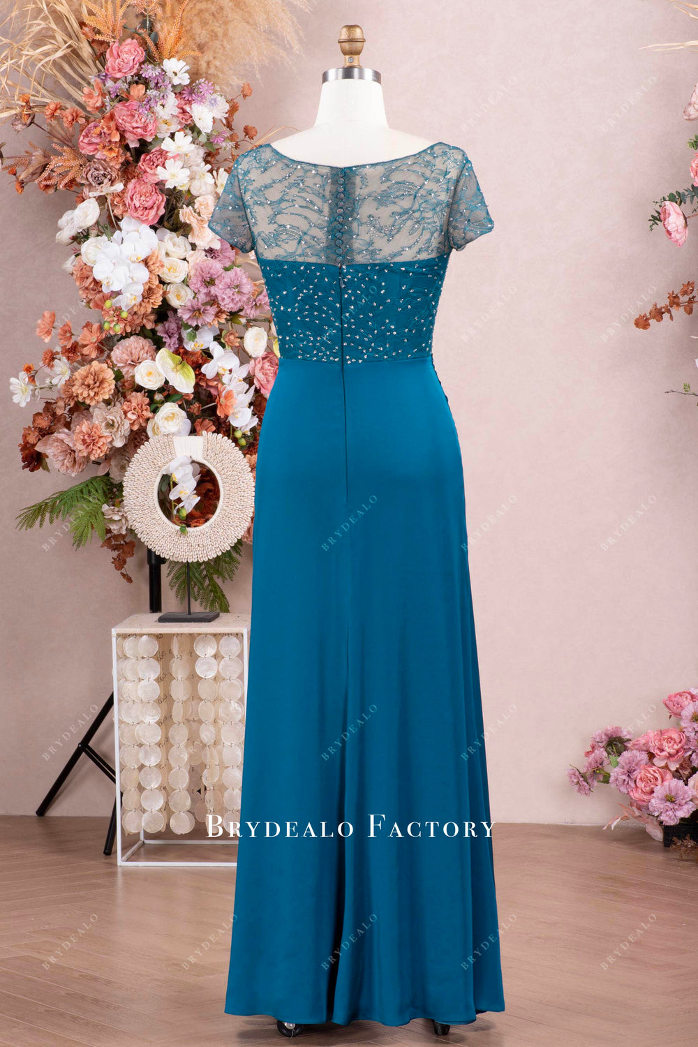 Cicinia Peacock Mother Of The Bride Dress Long Chiffon Sheath With Sequined Lace Applique Cape