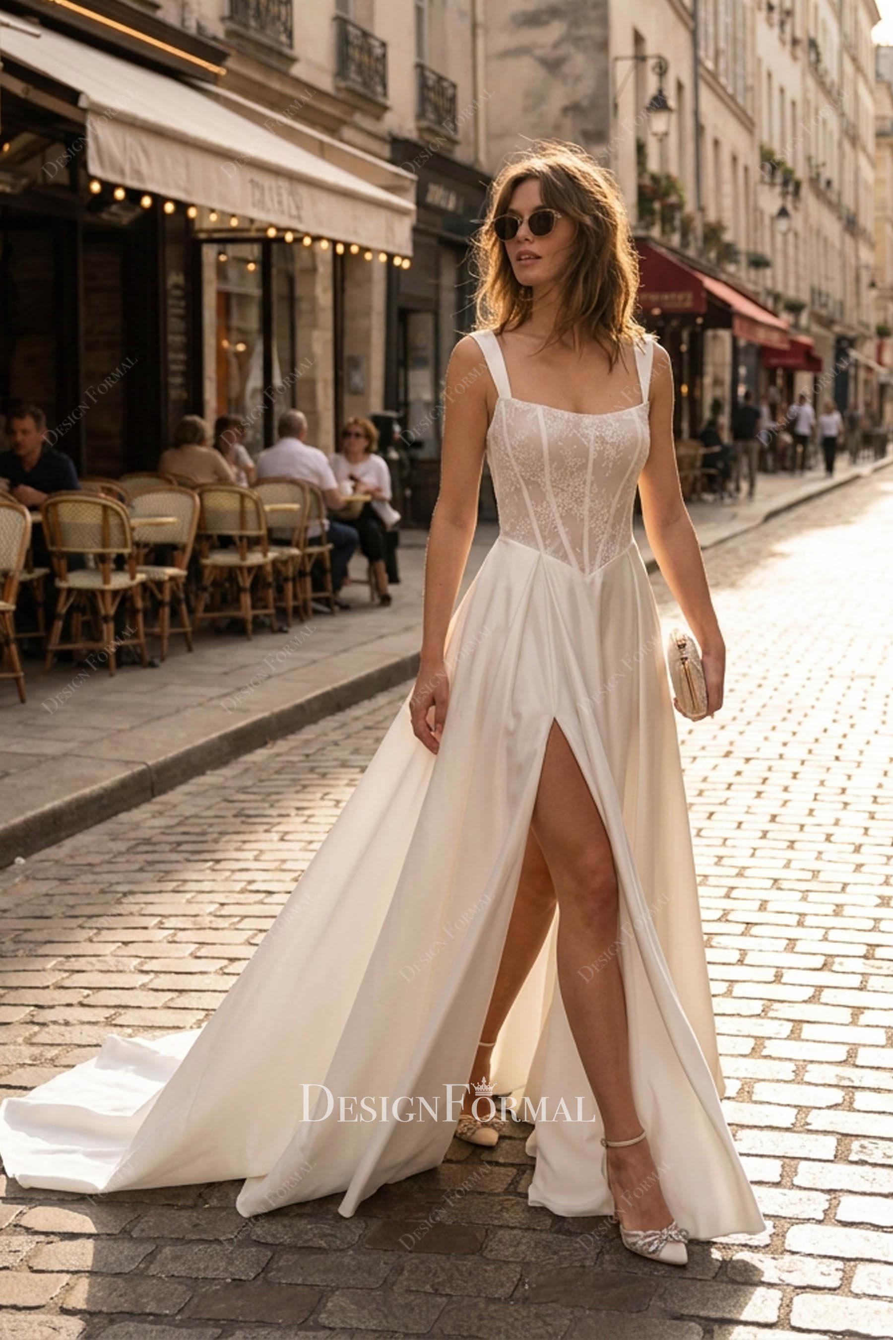 beaded lace high split wedding dress