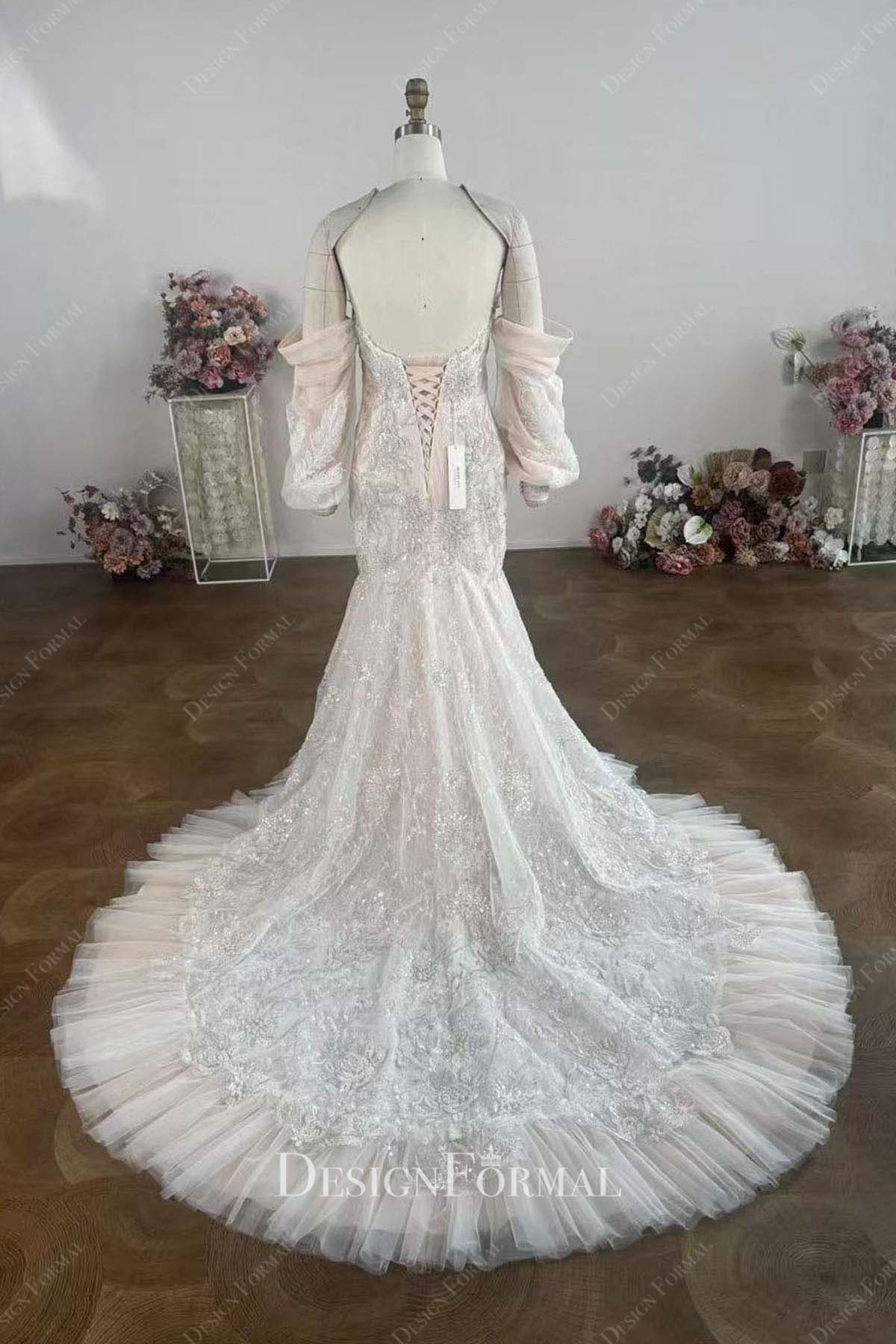 beaded lace mermaid long train wedding dress
