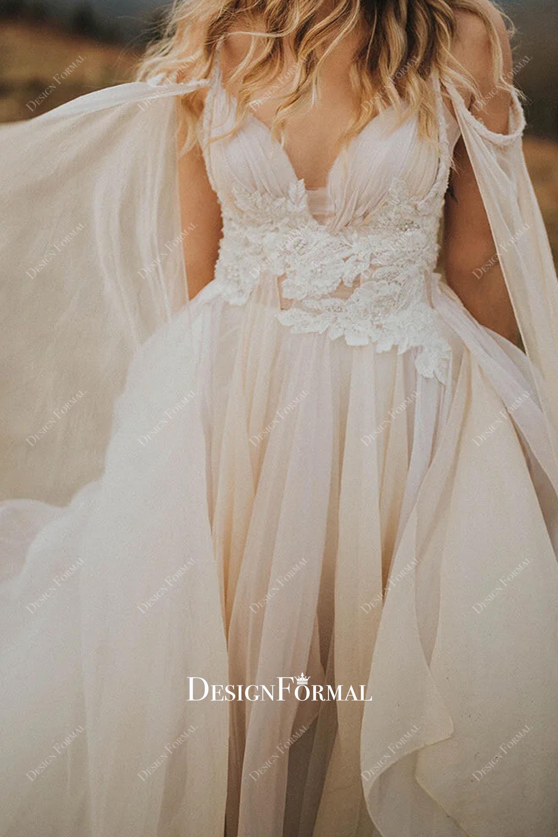 beaded lace plunging wedding dress