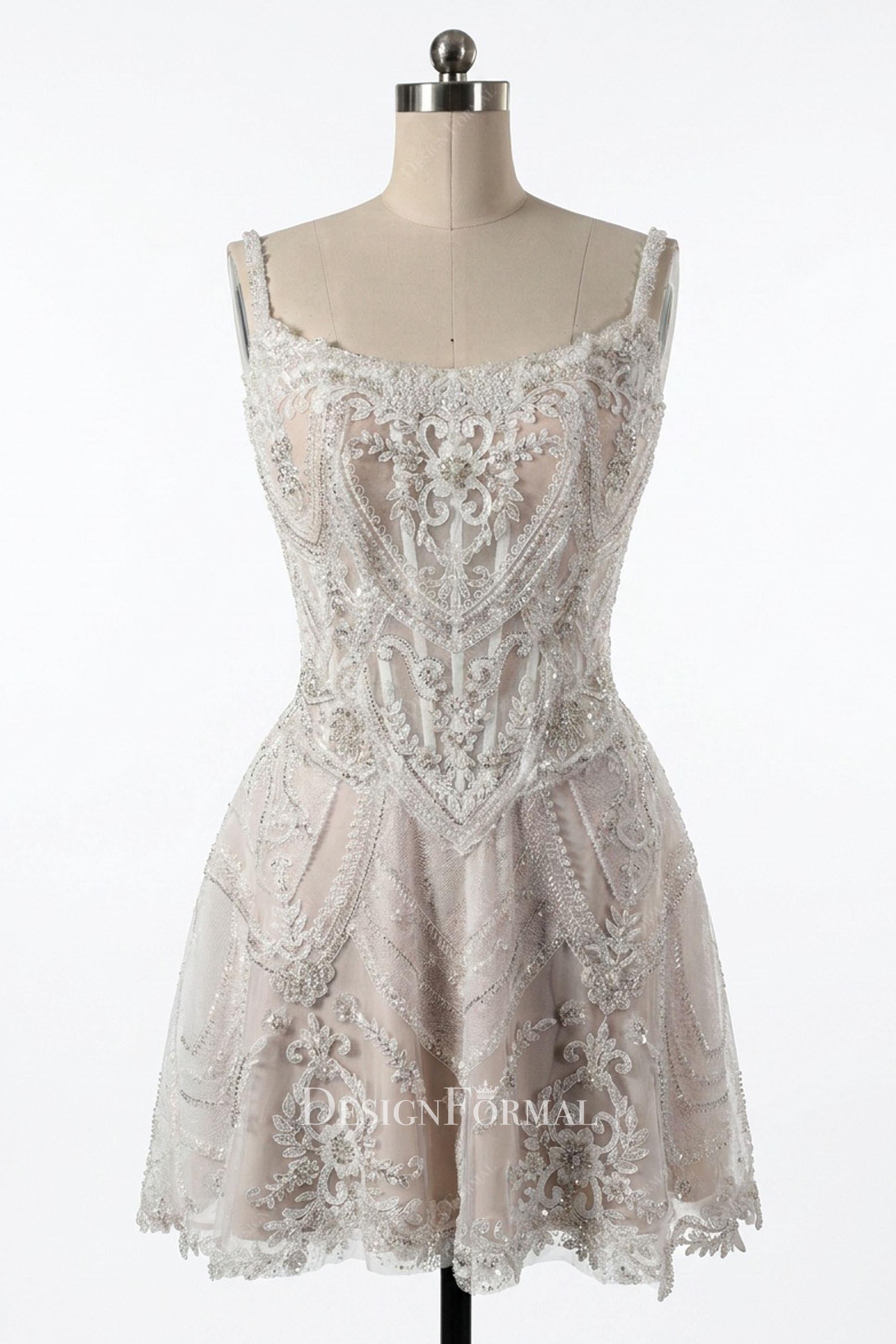 beaded lace straps mini wedding dress