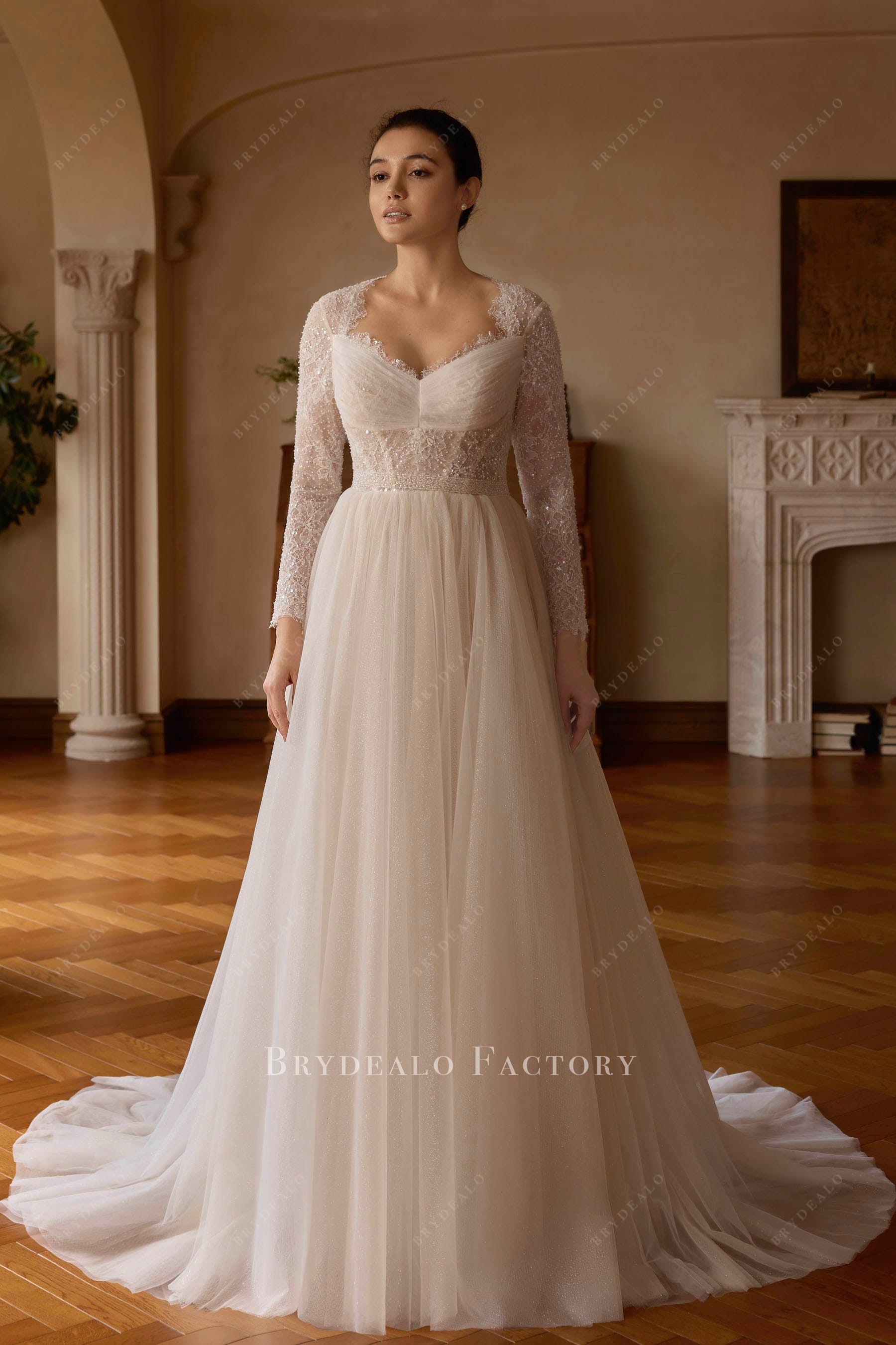 beaded lace tulle a line bridal dress