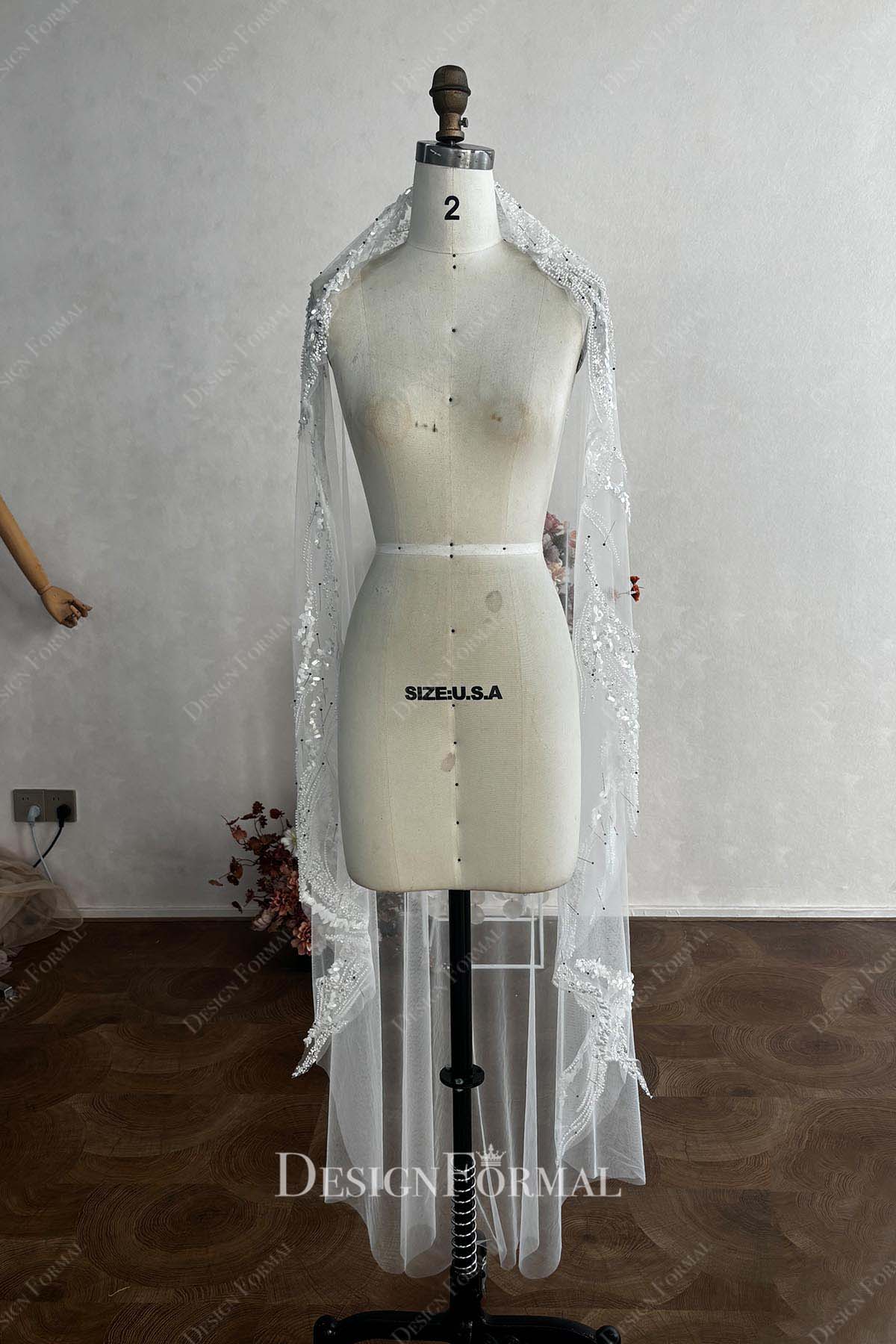 beaded lace waltz length bridal veil