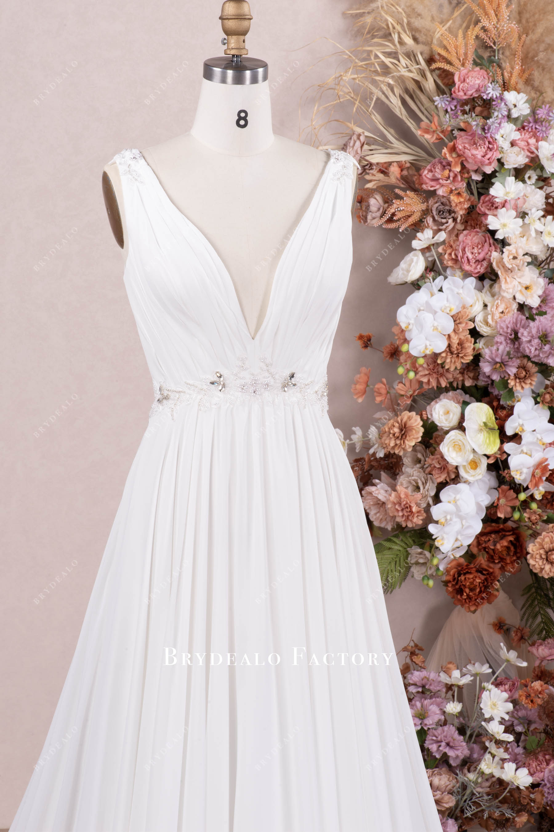 beaded waist natural sleeveless wedding dress