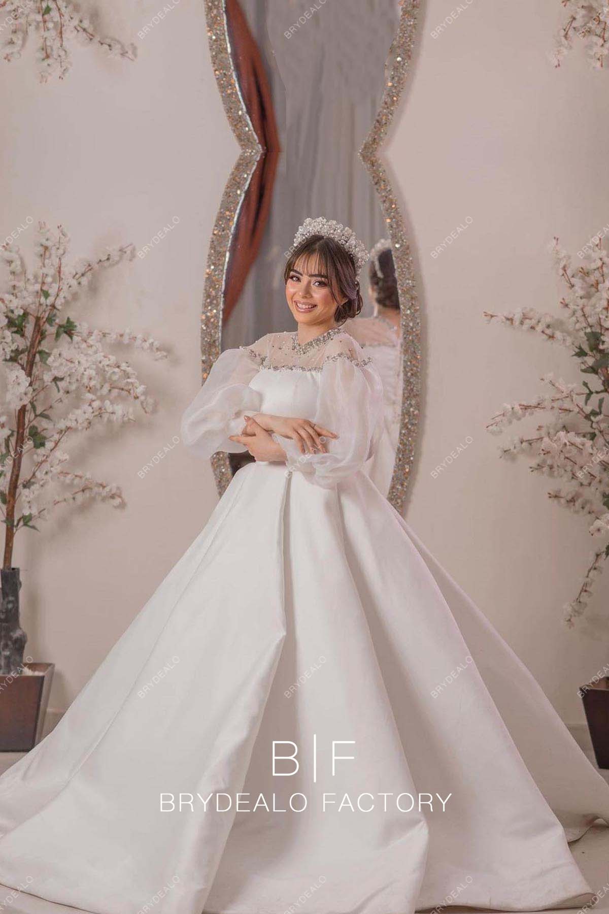 Princess Plus Size Bishop Sleeve Satin Wedding Ball Gown
