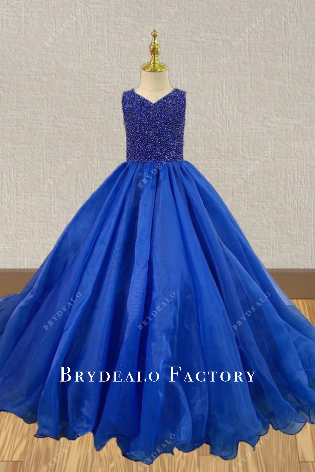 Beaded Royal Blue V-Neck A-Line Kids Pageant Dress