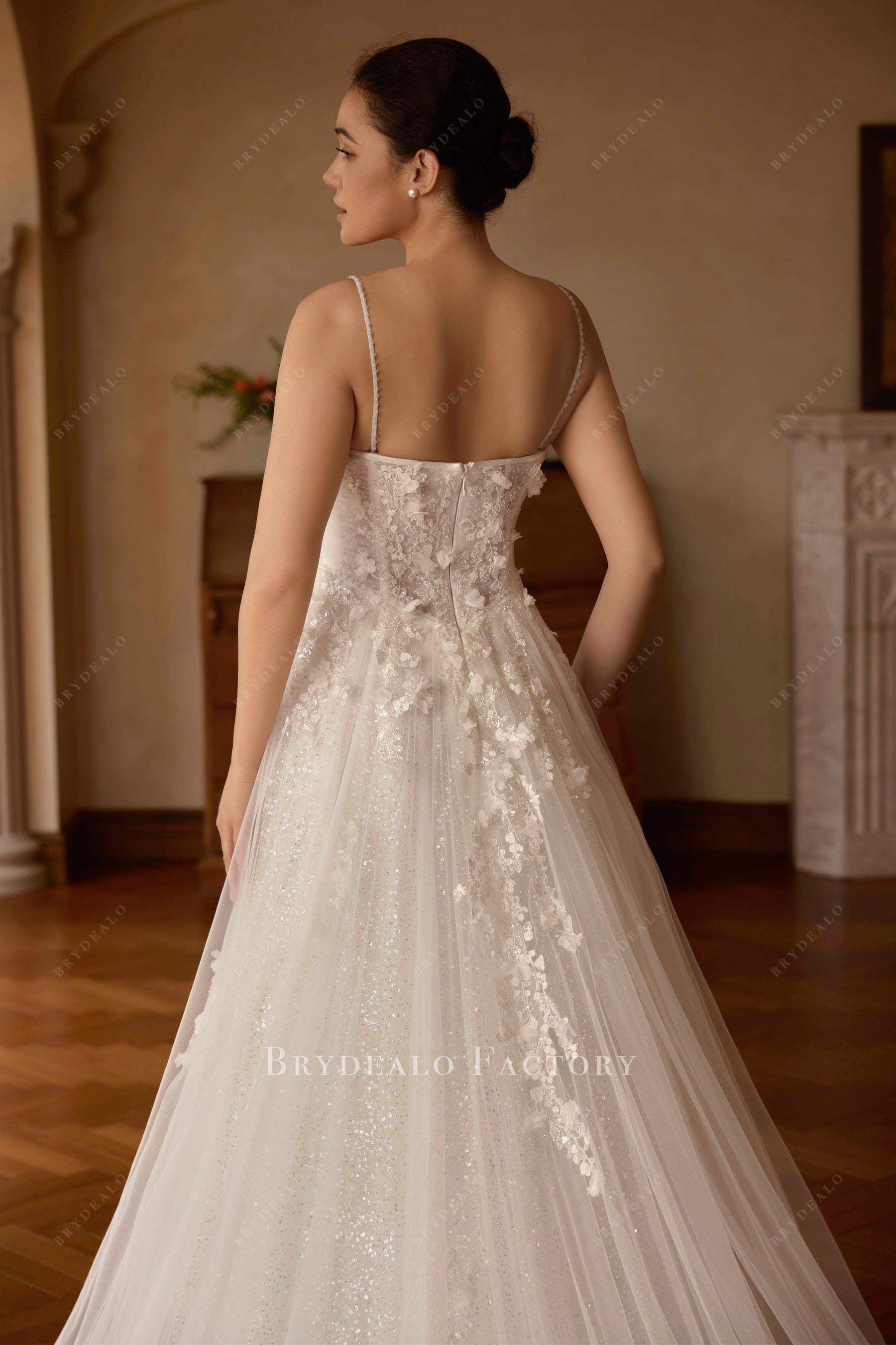 beaded spaghetti straps open back wedding dress