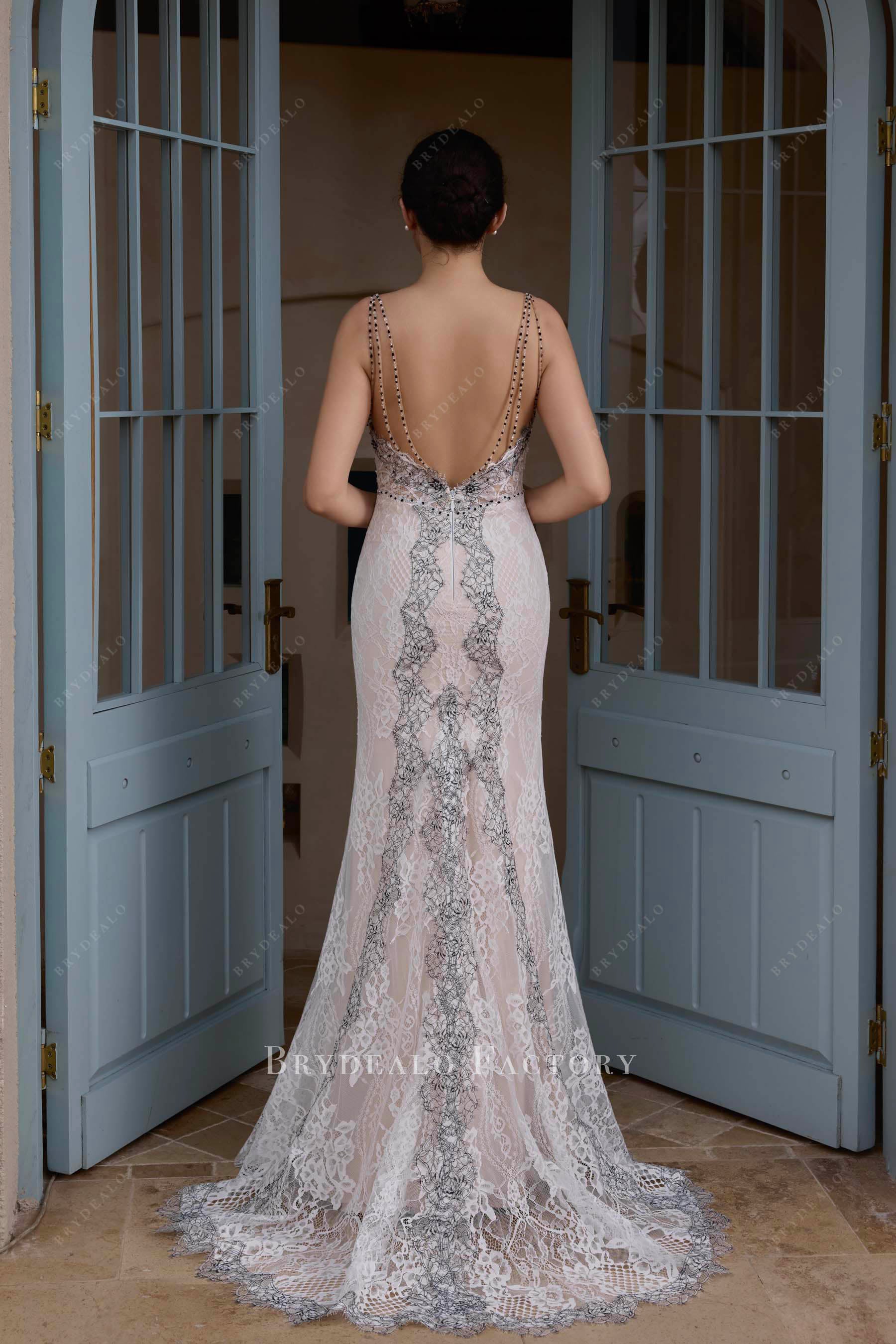 beaded spaghetti straps sweep train wedding dress