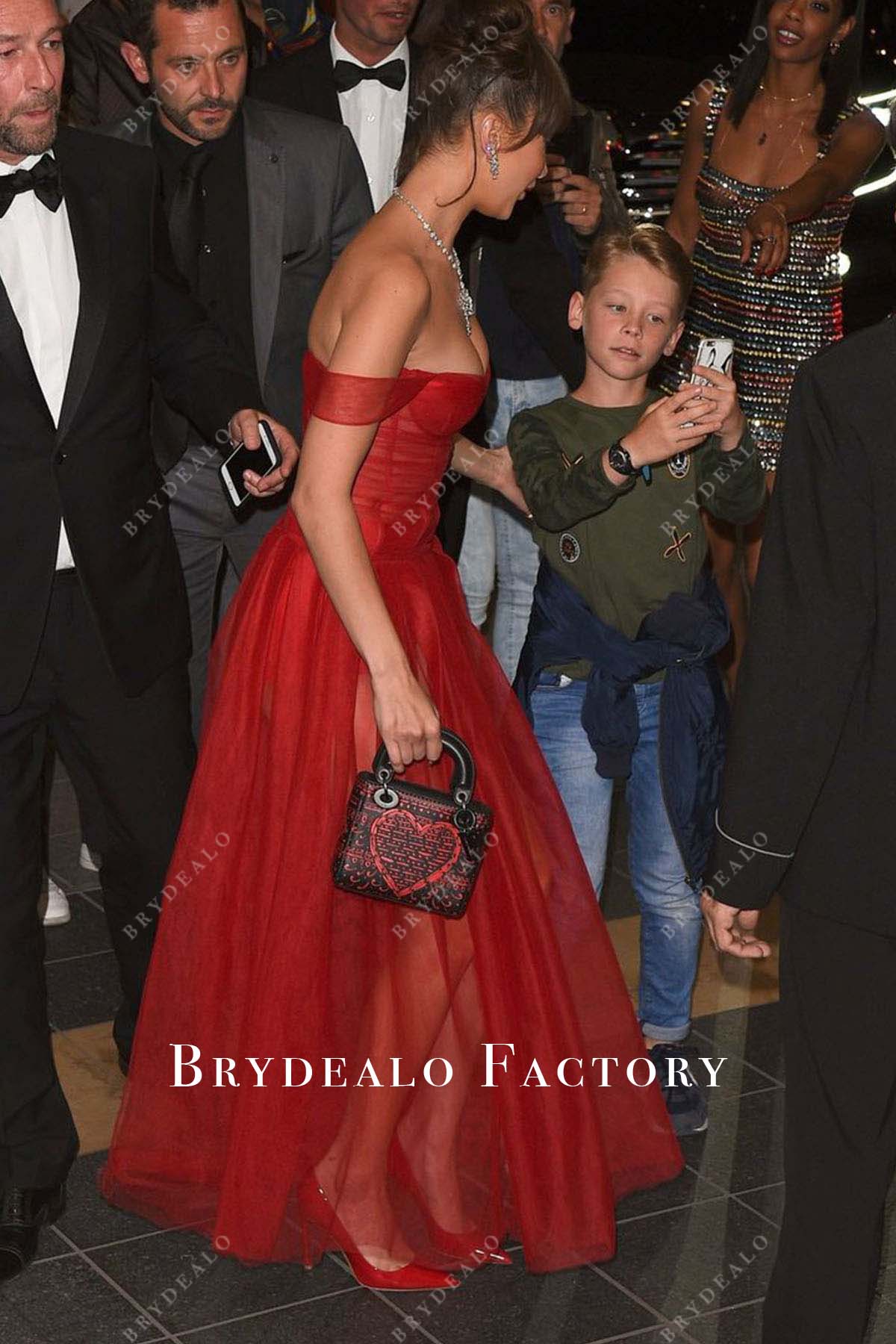 Bella Hadid red a line dress Cannes Dinner Party 2018